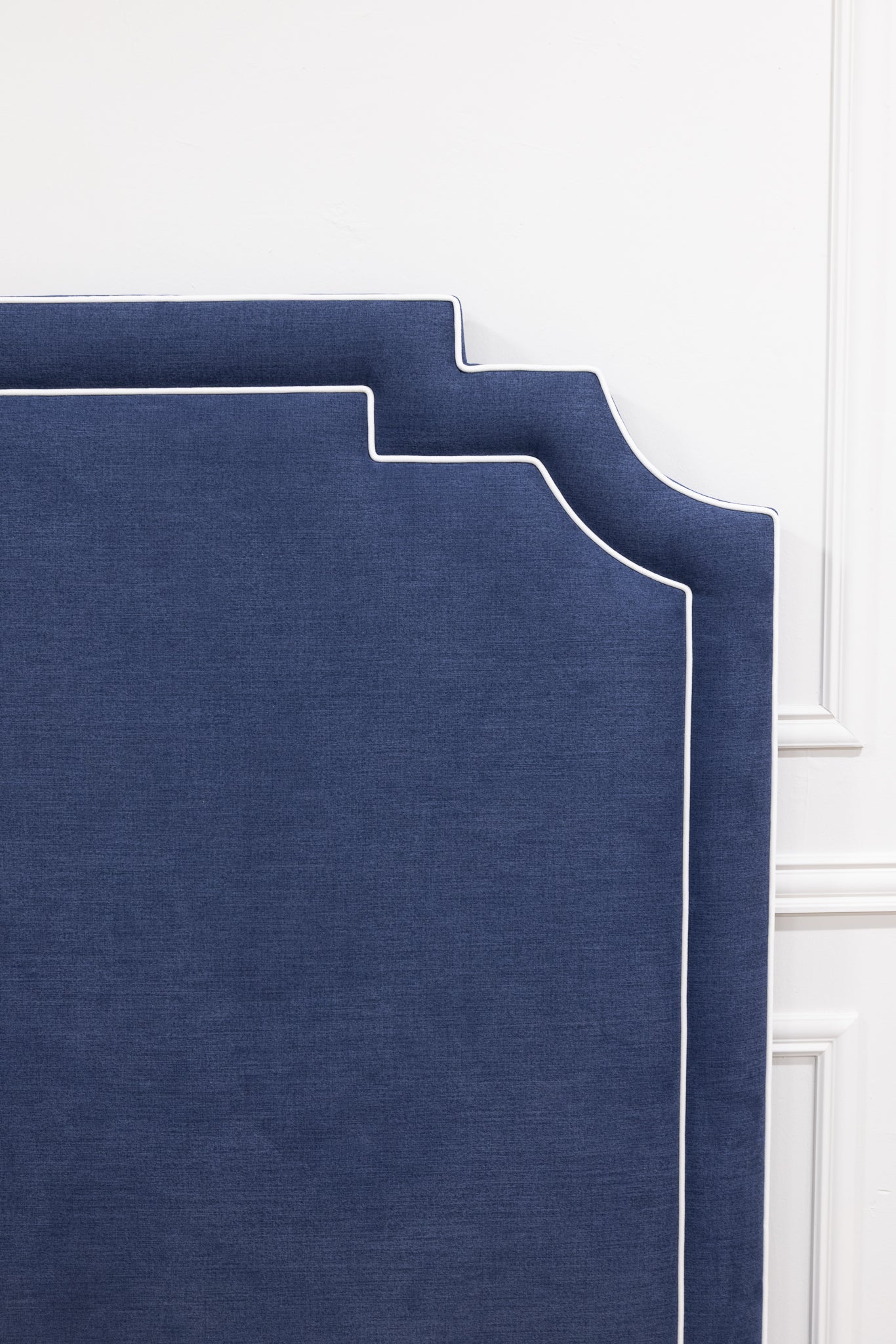 65"H Martha King Platform Bed - Upholstered Legs - Navy Blue Woven Fabric - White Trim - Image 7