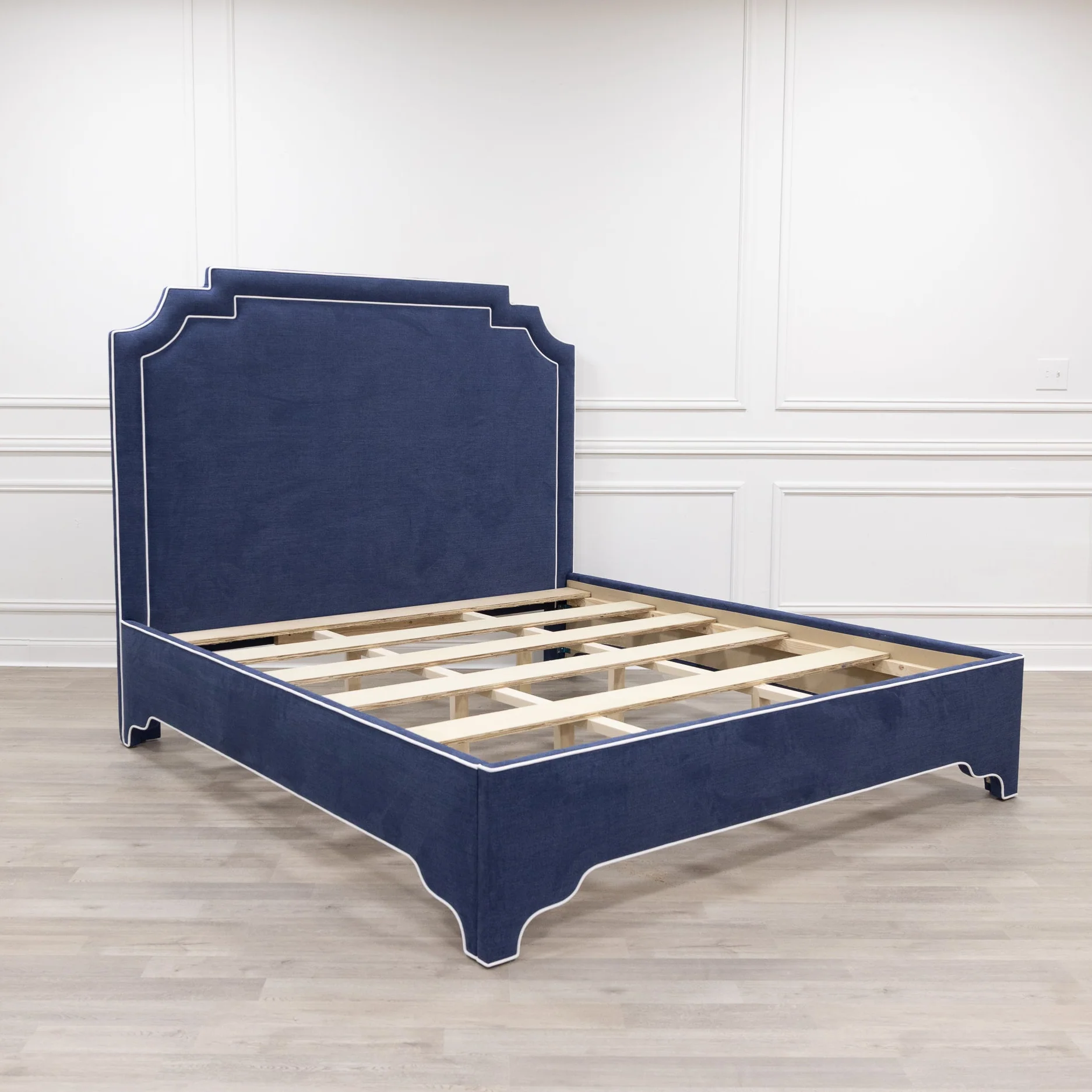 65"H Martha King Platform Bed - Upholstered Legs - Navy Blue Woven Fabric - White Trim - Image 8