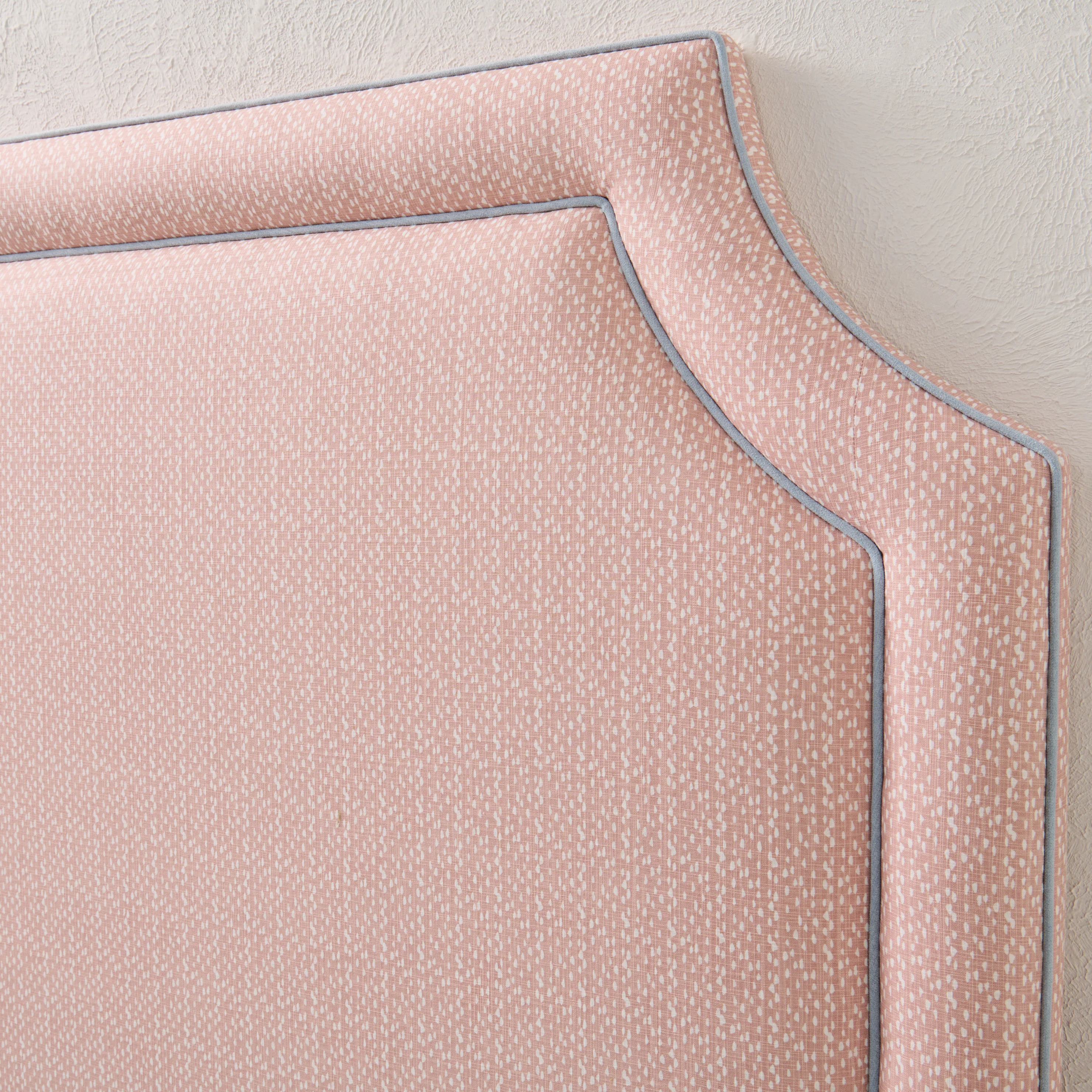 65" H Queen Headboard Blush Pink Dot Pattern Fabric - Sky Blue Trim - Image 4