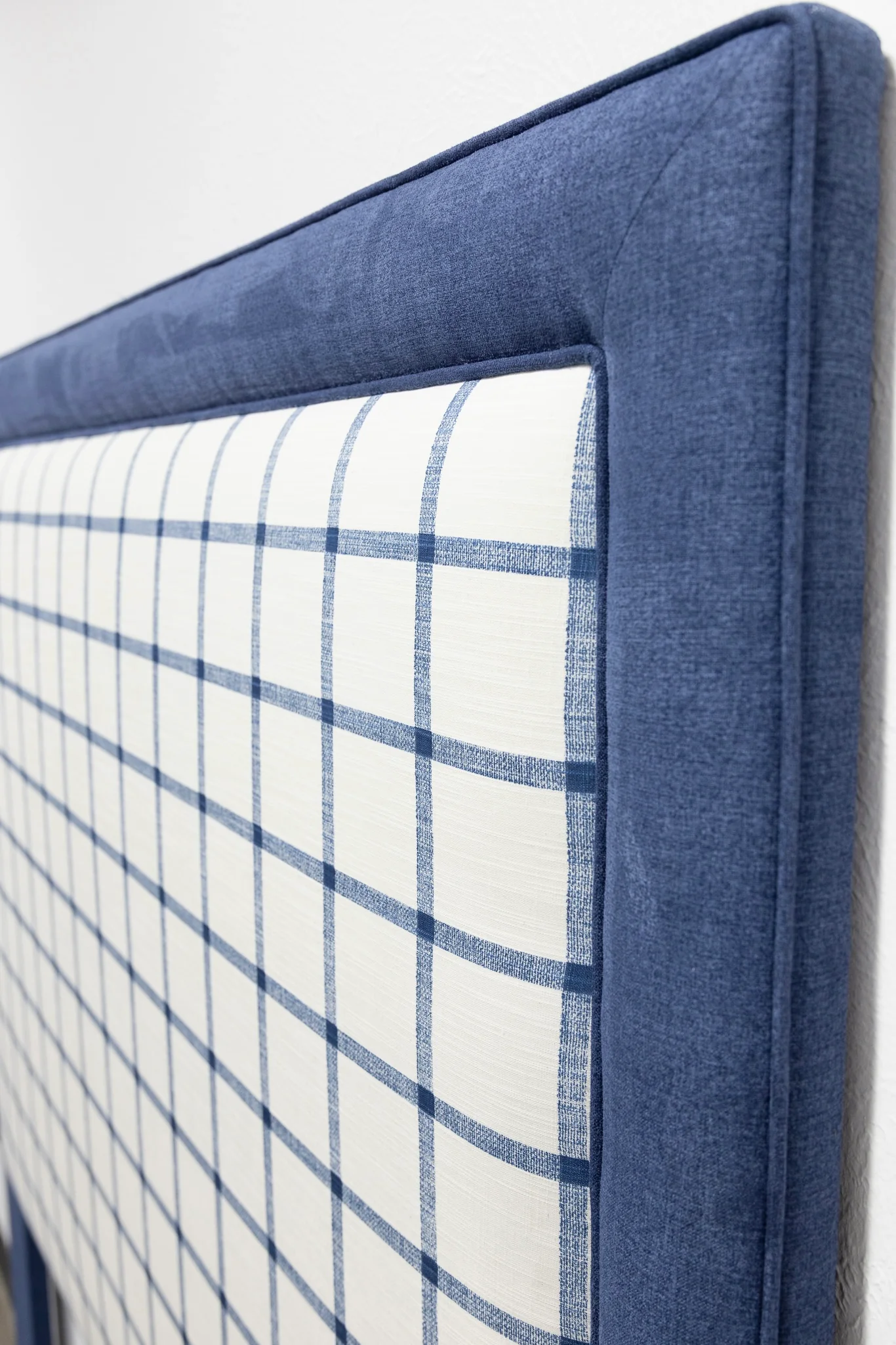 65” H Queen Headboard in Navy Plaid Fabric - Navy Trim - Image 2