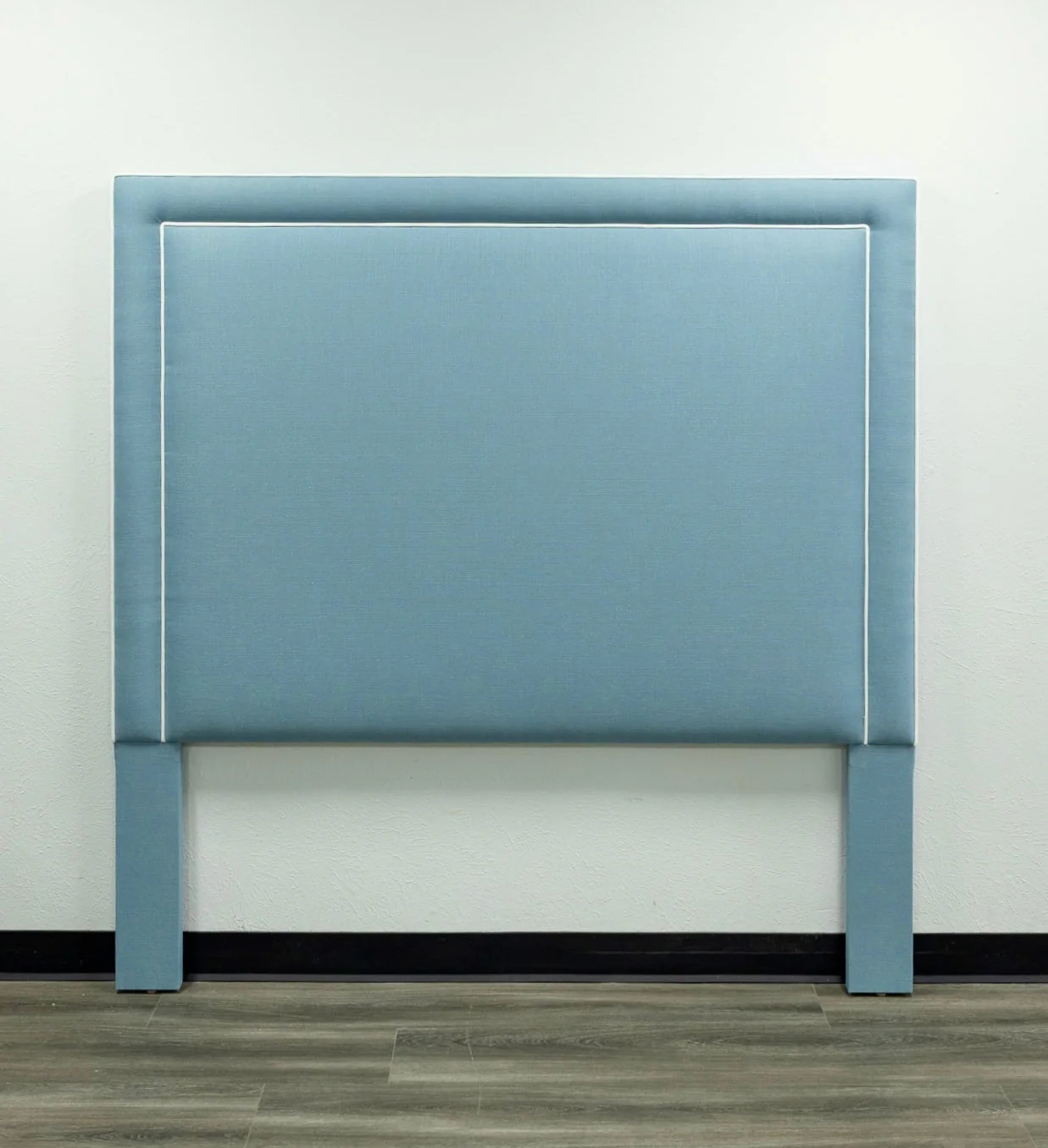 65”H Queen Headboard only - Blue Linen Look Fabric - White Trim - Image 4