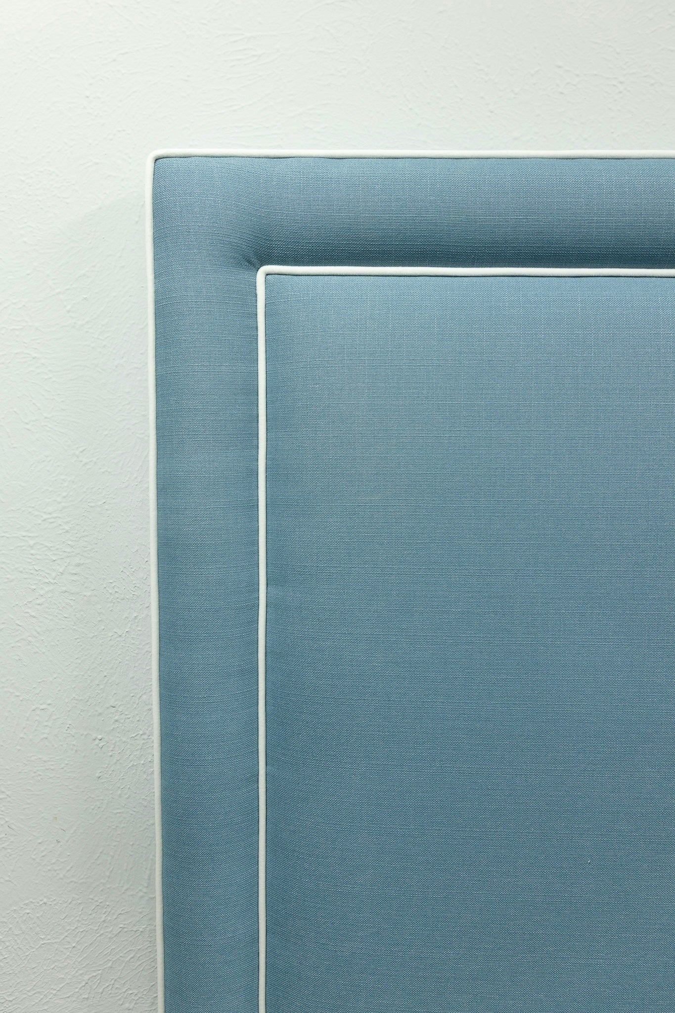 65”H Queen Headboard only - Blue Linen Look Fabric - White Trim - Image 5