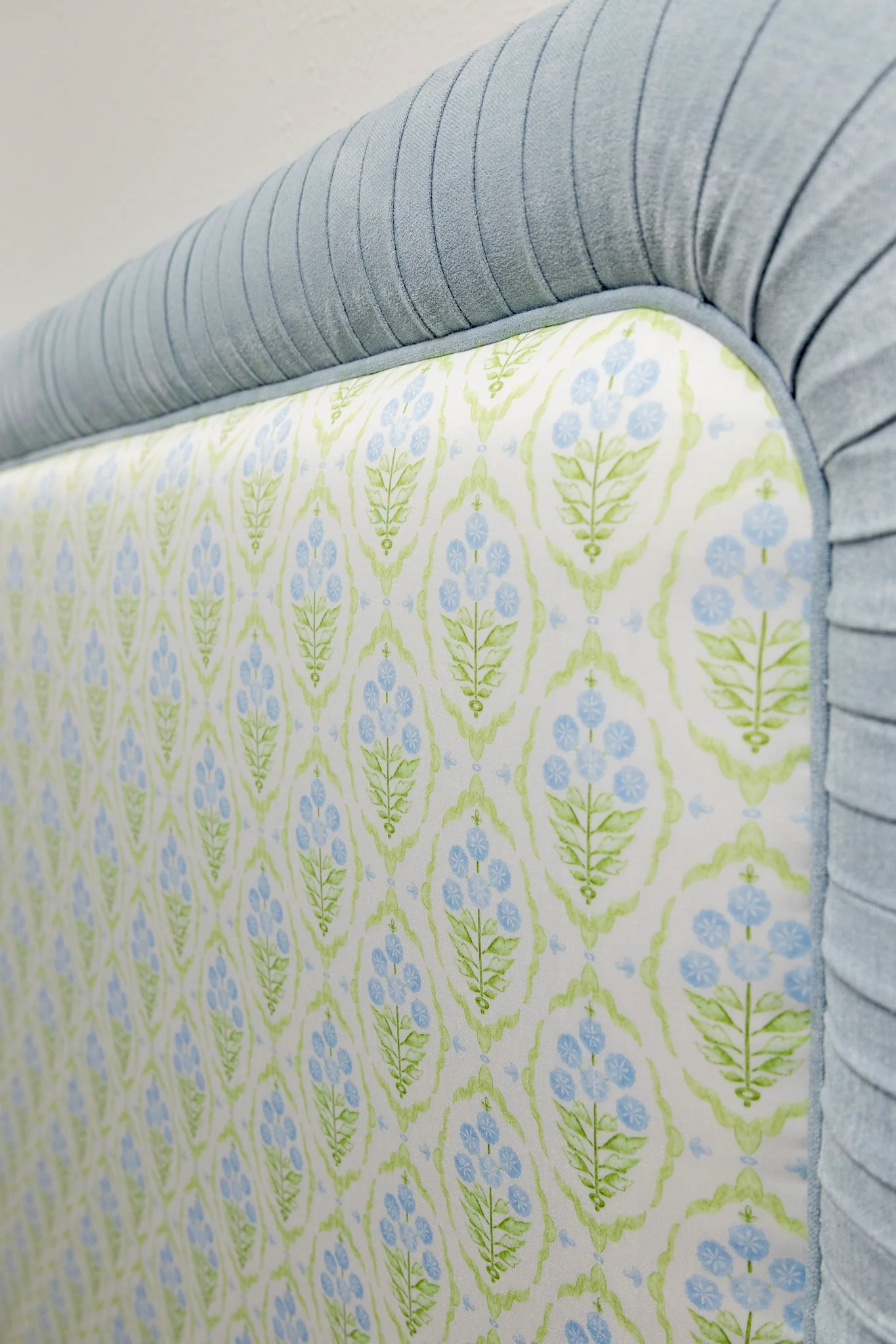 65”H Queen Headboard only - Floral Blue / Green Satin Fabric - Image 4