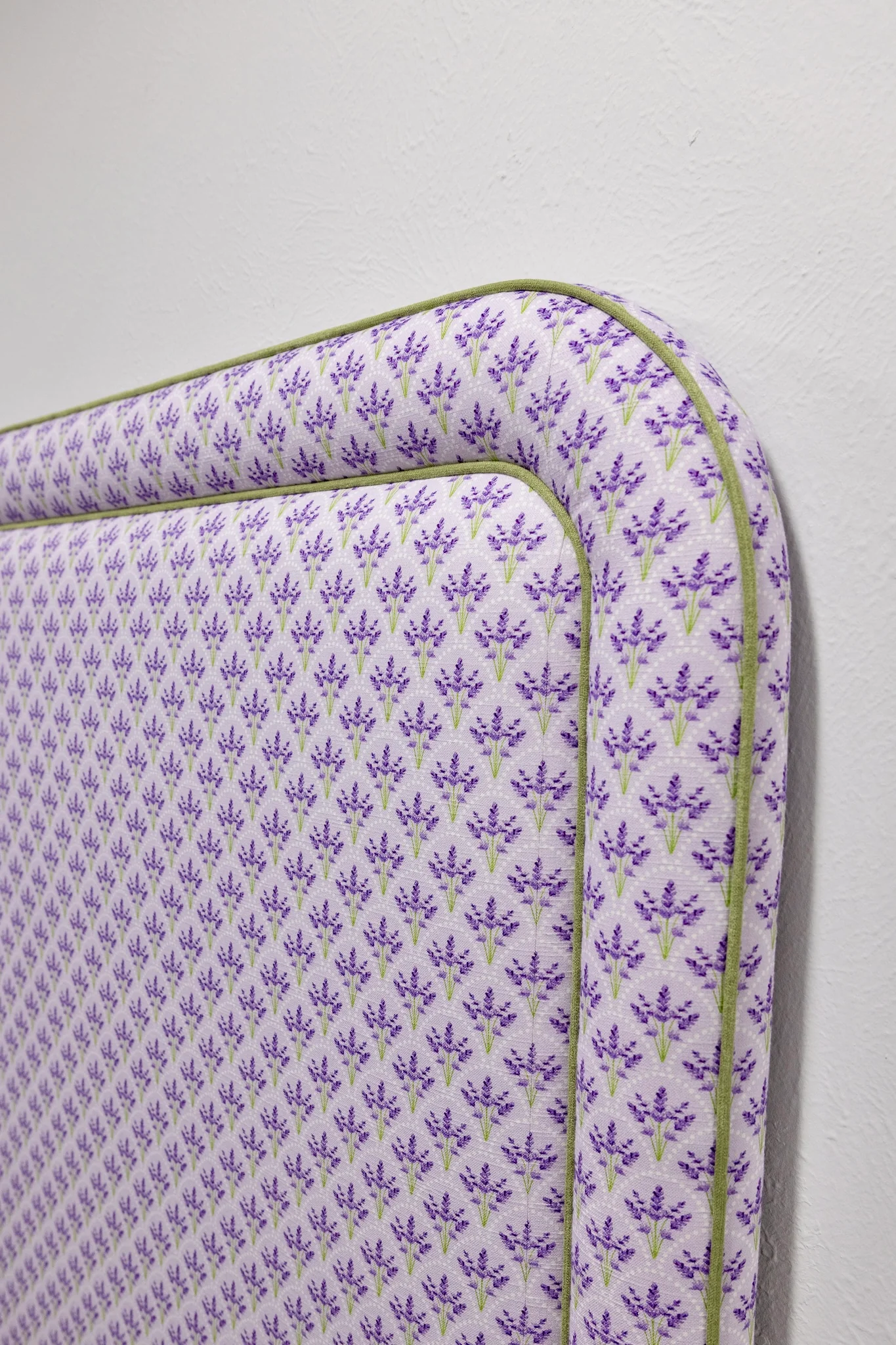 65”H Queen Headboard Only - Lorraine Lavender Floral Linen Fabric - Green Trim - Image 4