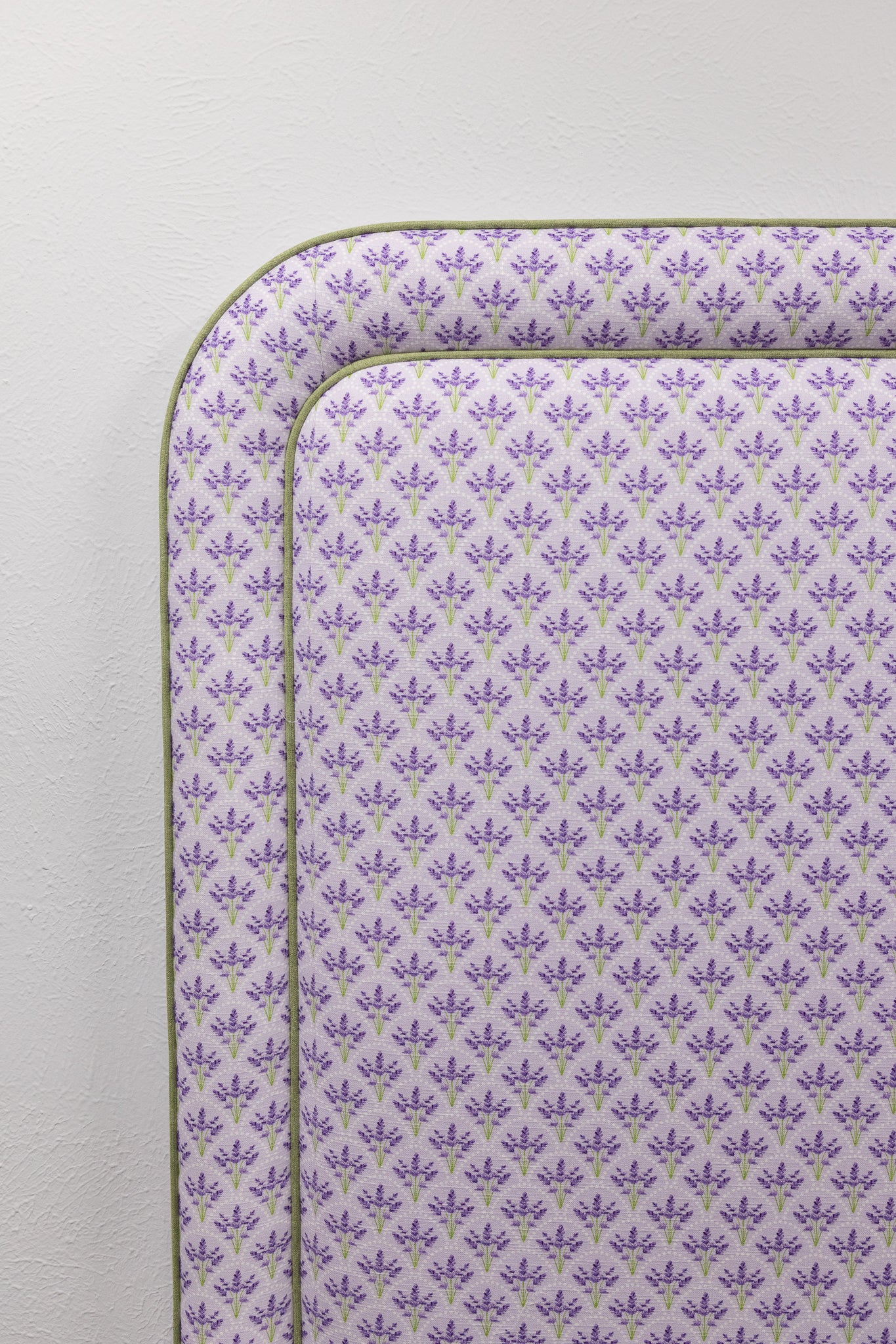65”H Queen Headboard Only - Lorraine Lavender Floral Linen Fabric - Green Trim - Image 5