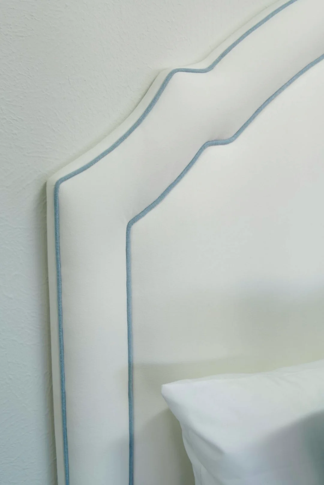 65”H Queen Headboard only - Performance White Velvet Fabric- Sky Blue Trim - Image 3