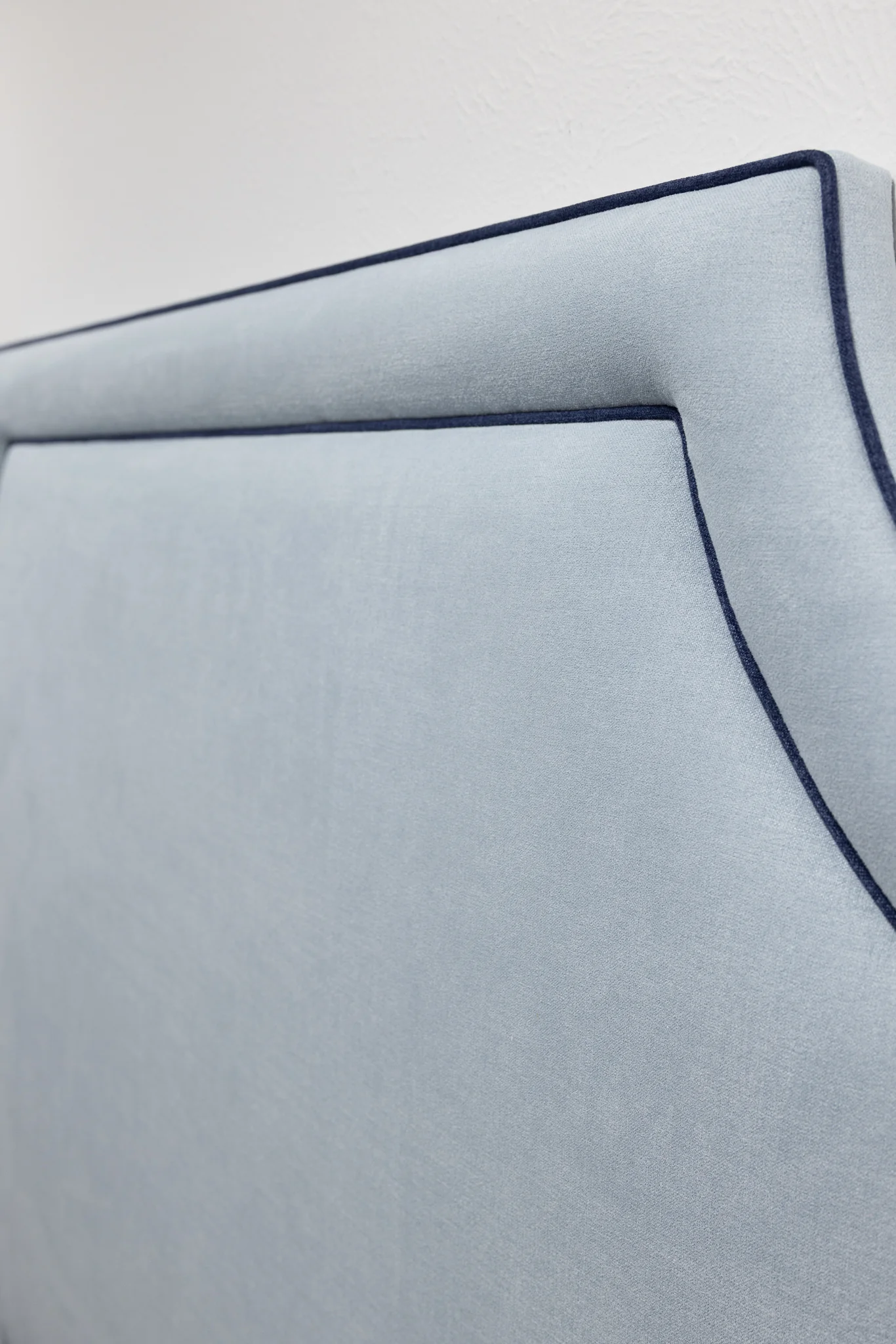 65” H Queen Headboard Only - Sky Blue Fabric - Navy Trim - Image 5