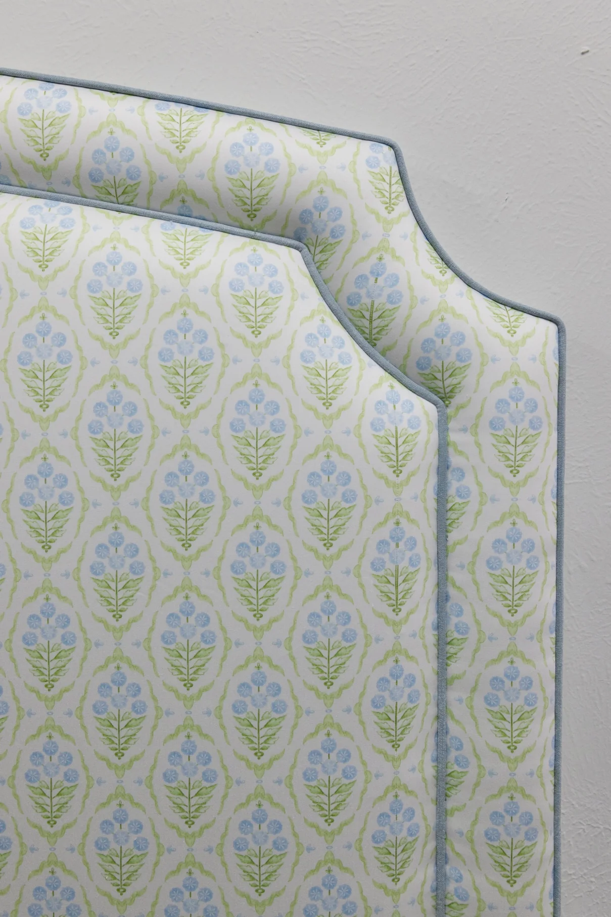 65â H Queen Headboard Only - Blue and Green Satin Fabric - Blue Trim - Image 2