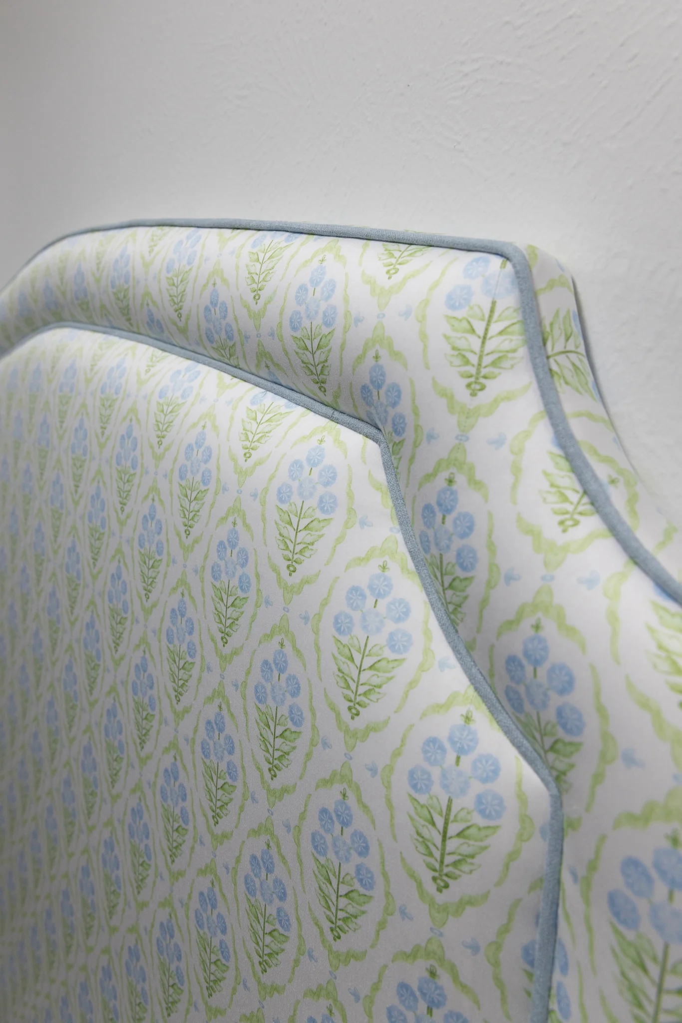 65â H Queen Headboard Only - Blue and Green Satin Fabric - Blue Trim - Image 4