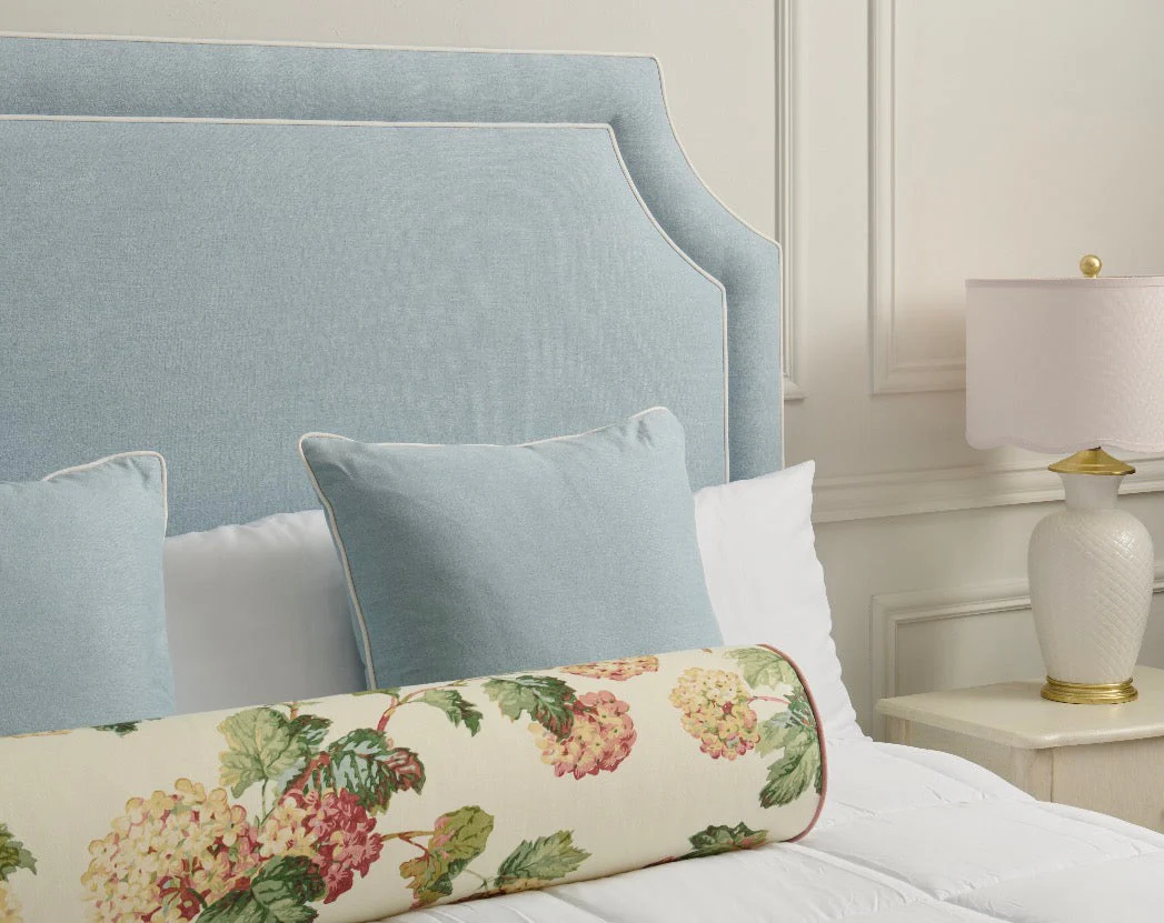 65”H Queen Headboard only - Sky Blue Fabric with White Trim - Image 2