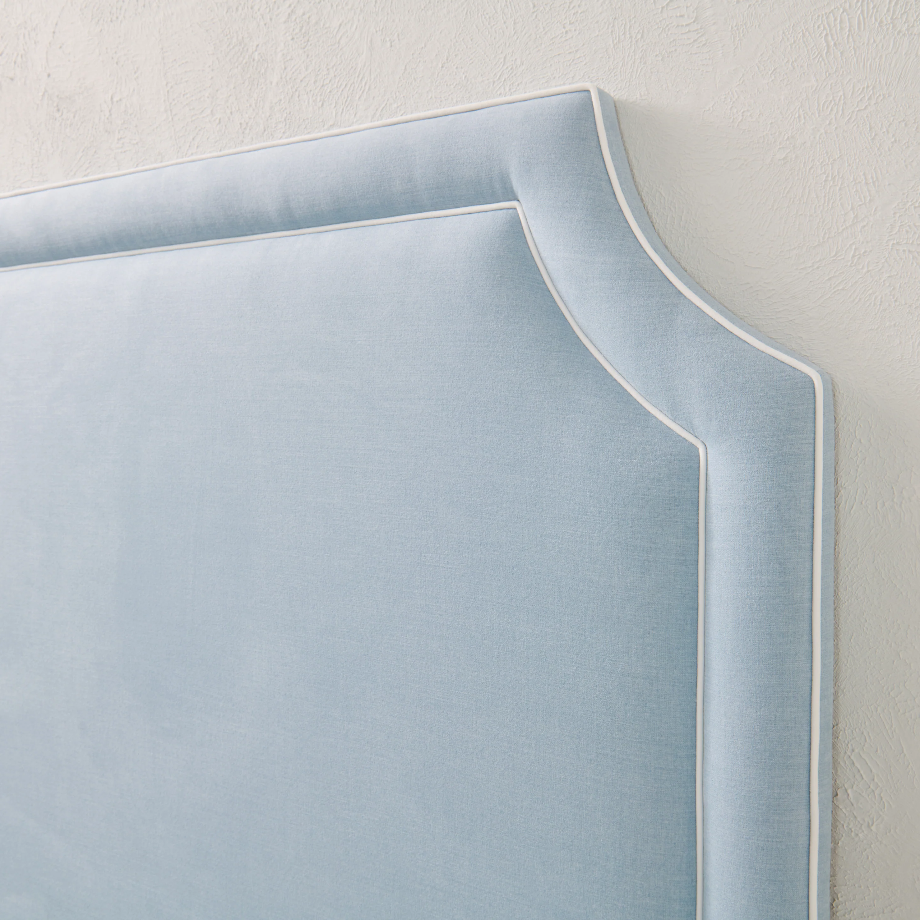 65”H Queen Headboard only - Sky Blue Fabric with White Trim - Image 6
