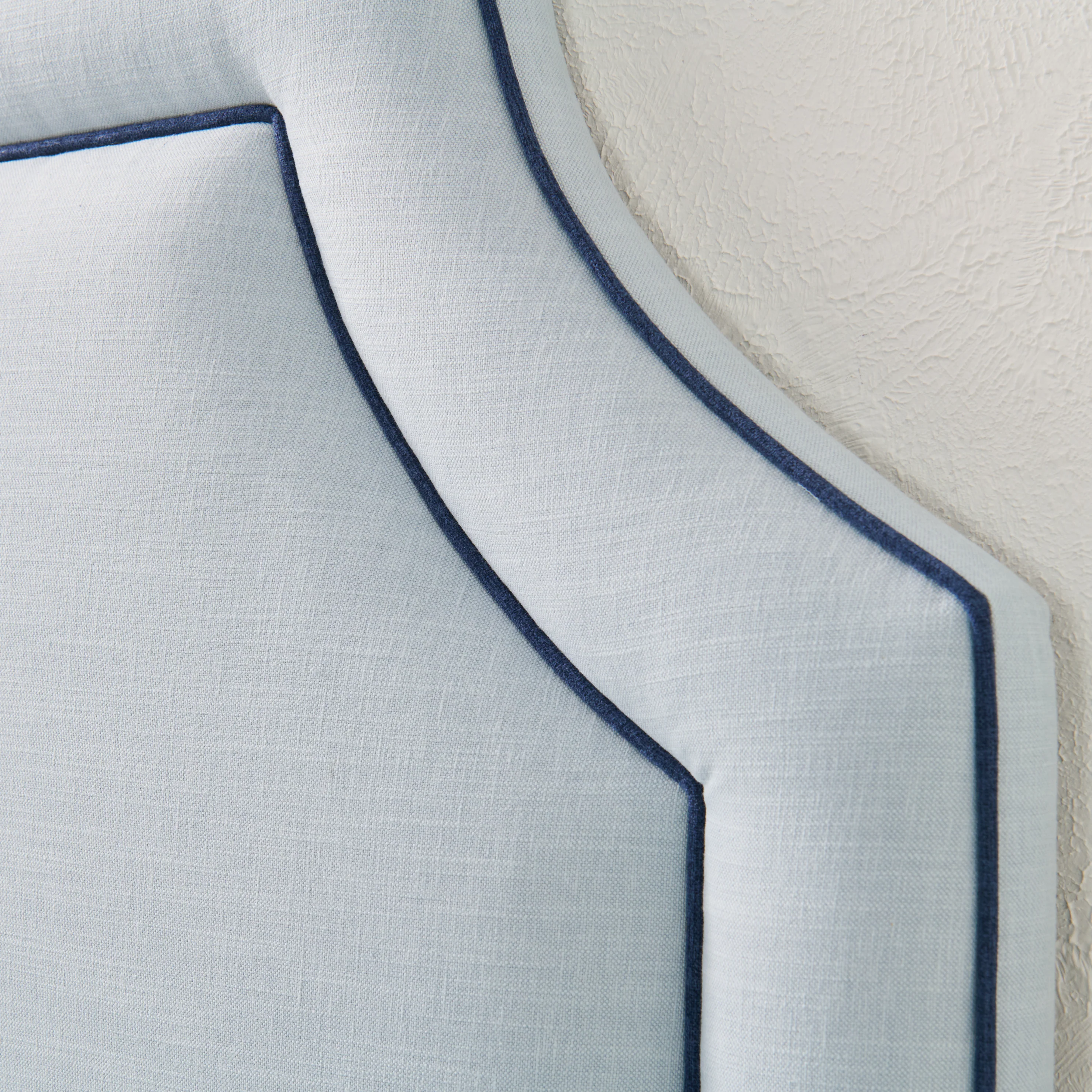 65”H Queen Headboard Only - Sky Blue Woven Fabric - Navy Trim - Image 8