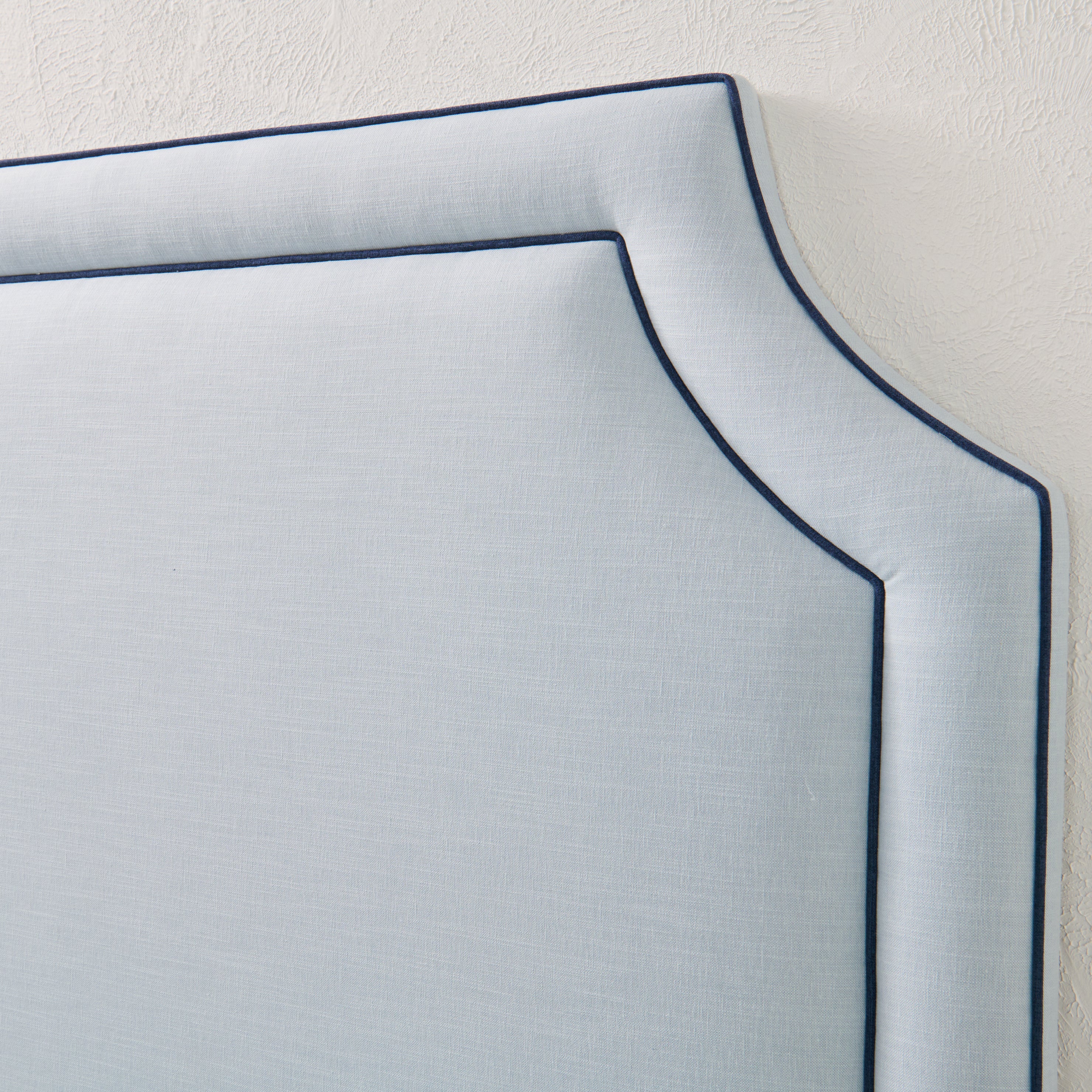 65”H Queen Headboard Only - Sky Blue Woven Fabric - Navy Trim - Image 9