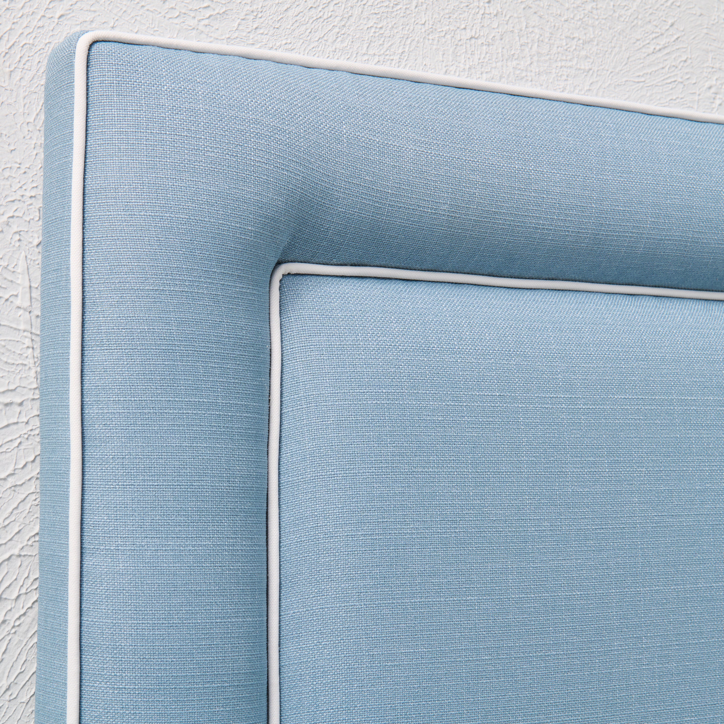65”H Queen Headboard only - Blue Linen Fabric- White Trim - Image 2