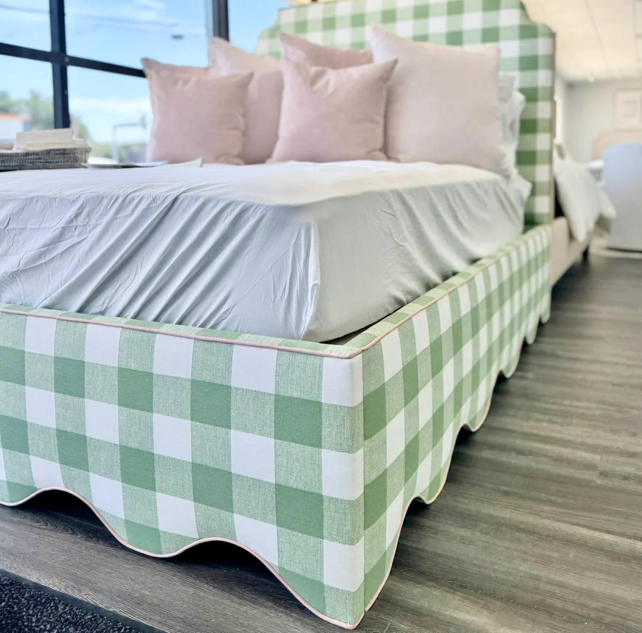 65”H Queen Platform Bed in our Buffalo Green with Pink Trim — In-stock now. - Image 3