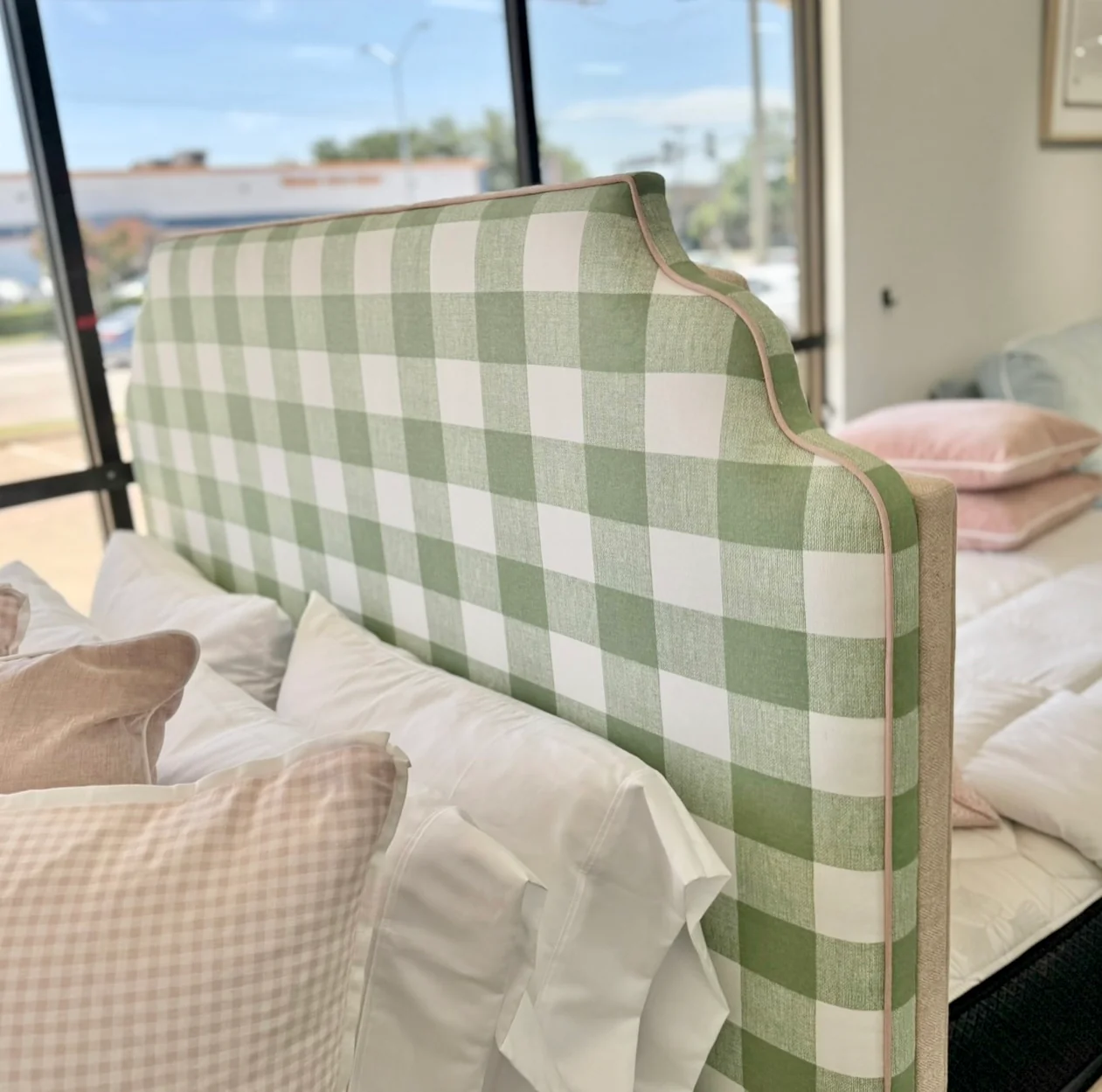 65”H Queen Platform Bed in our Buffalo Green with Pink Trim — In-stock now. - Image 4