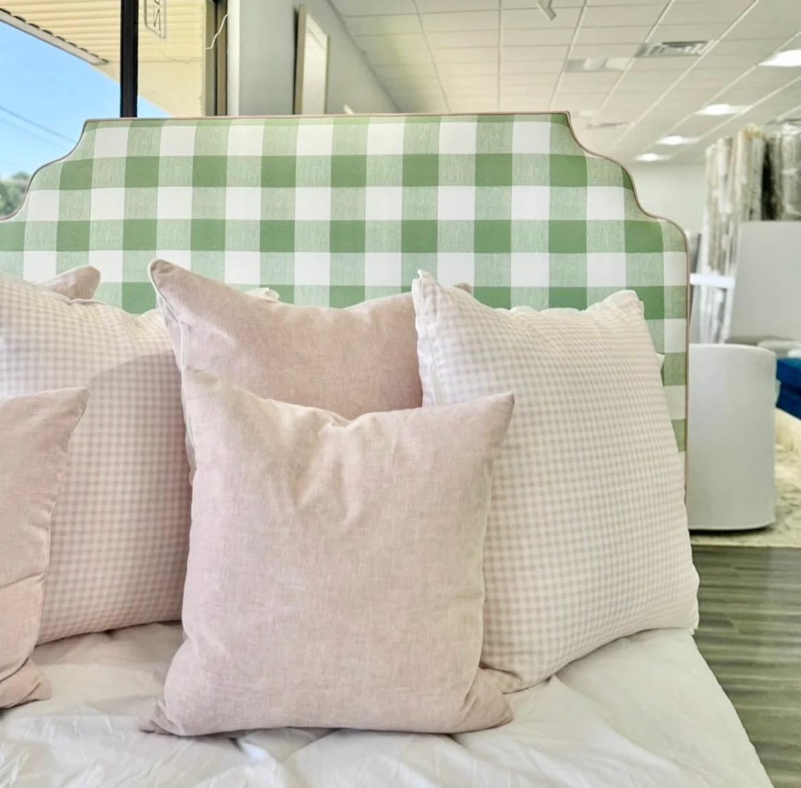 65”H Queen Platform Bed in our Buffalo Green with Pink Trim — In-stock now. - Image 5