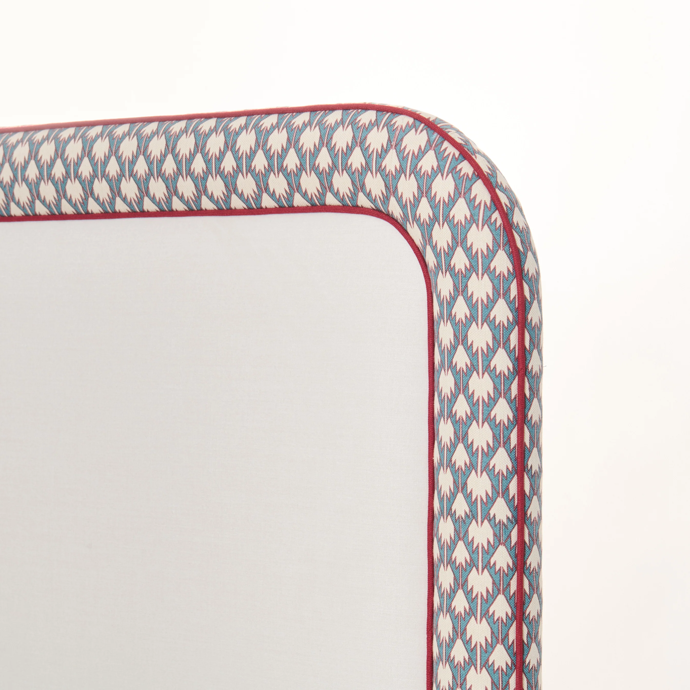 65”H Queen Platform Bed - Patterned Fabric - Red Trim - Image 10
