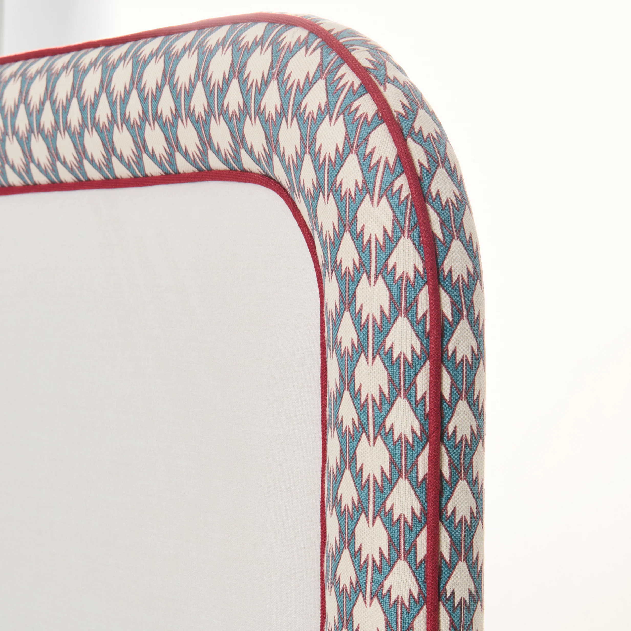 65”H Queen Platform Bed - Patterned Fabric - Red Trim - Image 5