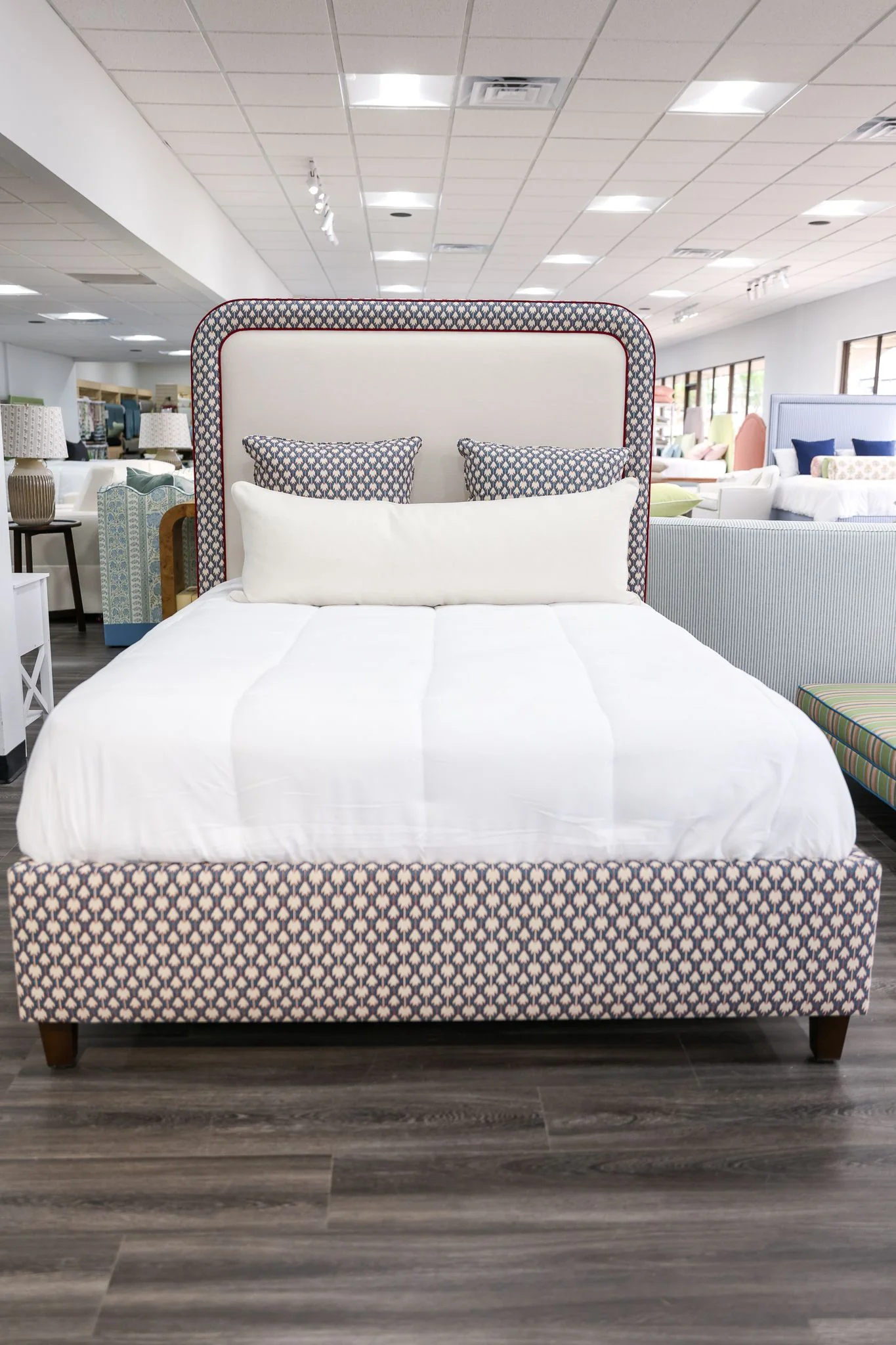 65”H Queen Platform Bed - Patterned Fabric - Red Trim - Image 6