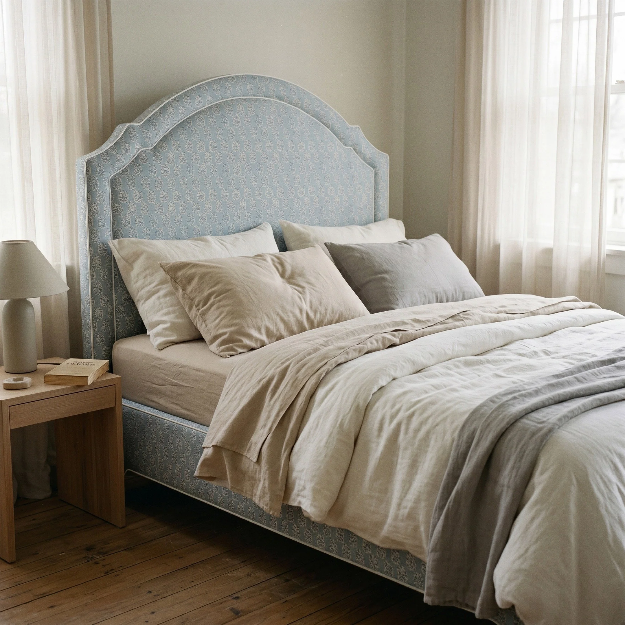 65”H Queen Platform Upholstered Bed - Perry Blue Polyester Fabric with White Trim - Image 2