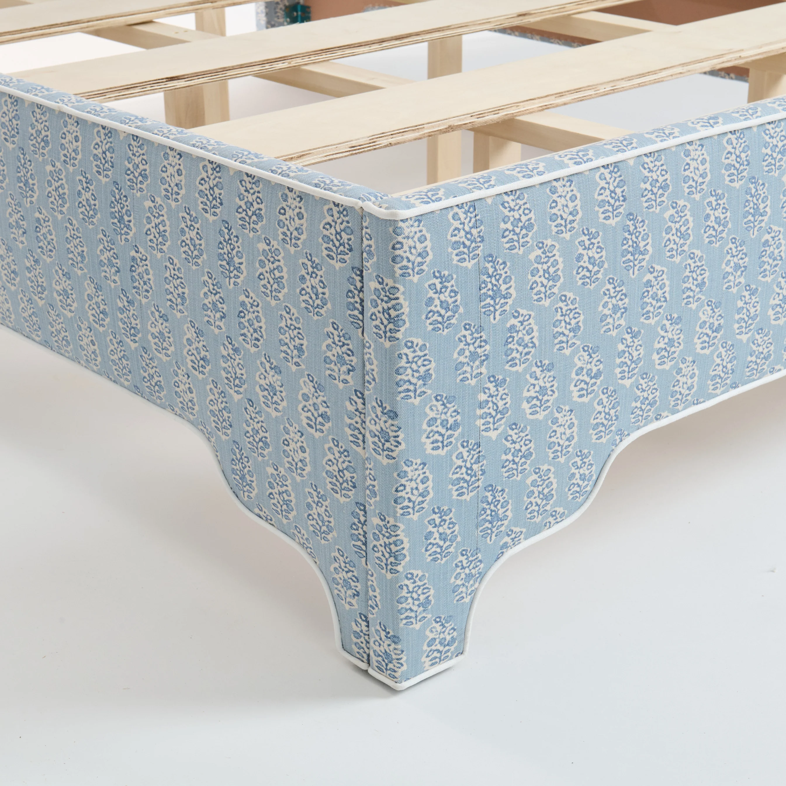 65”H Queen Platform Upholstered Bed - Perry Blue Polyester Fabric with White Trim - Image 6