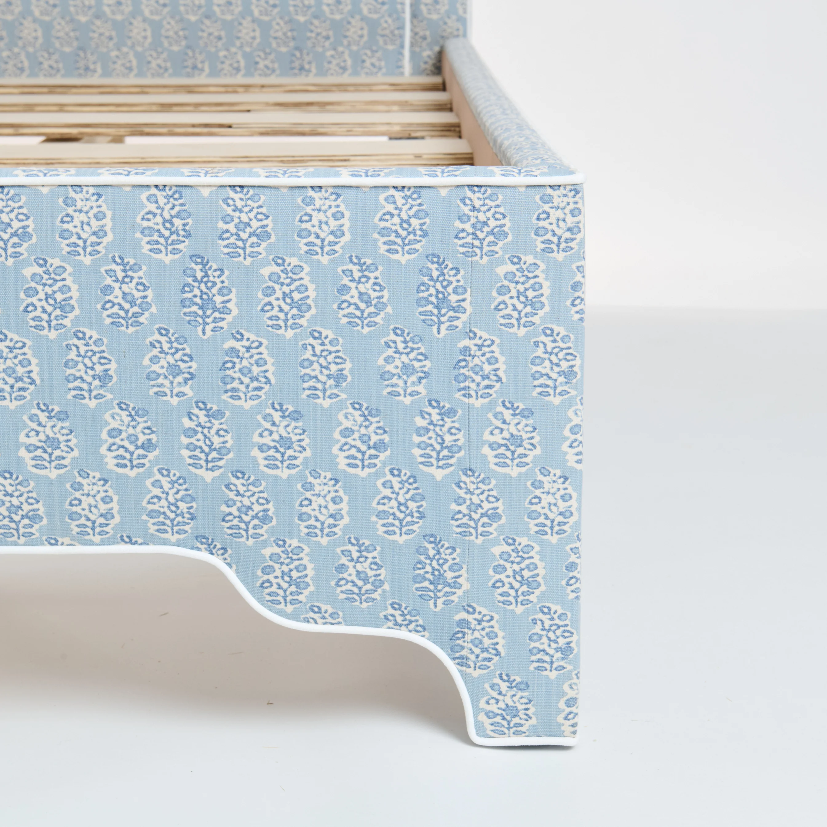65”H Queen Platform Upholstered Bed - Perry Blue Polyester Fabric with White Trim - Image 7