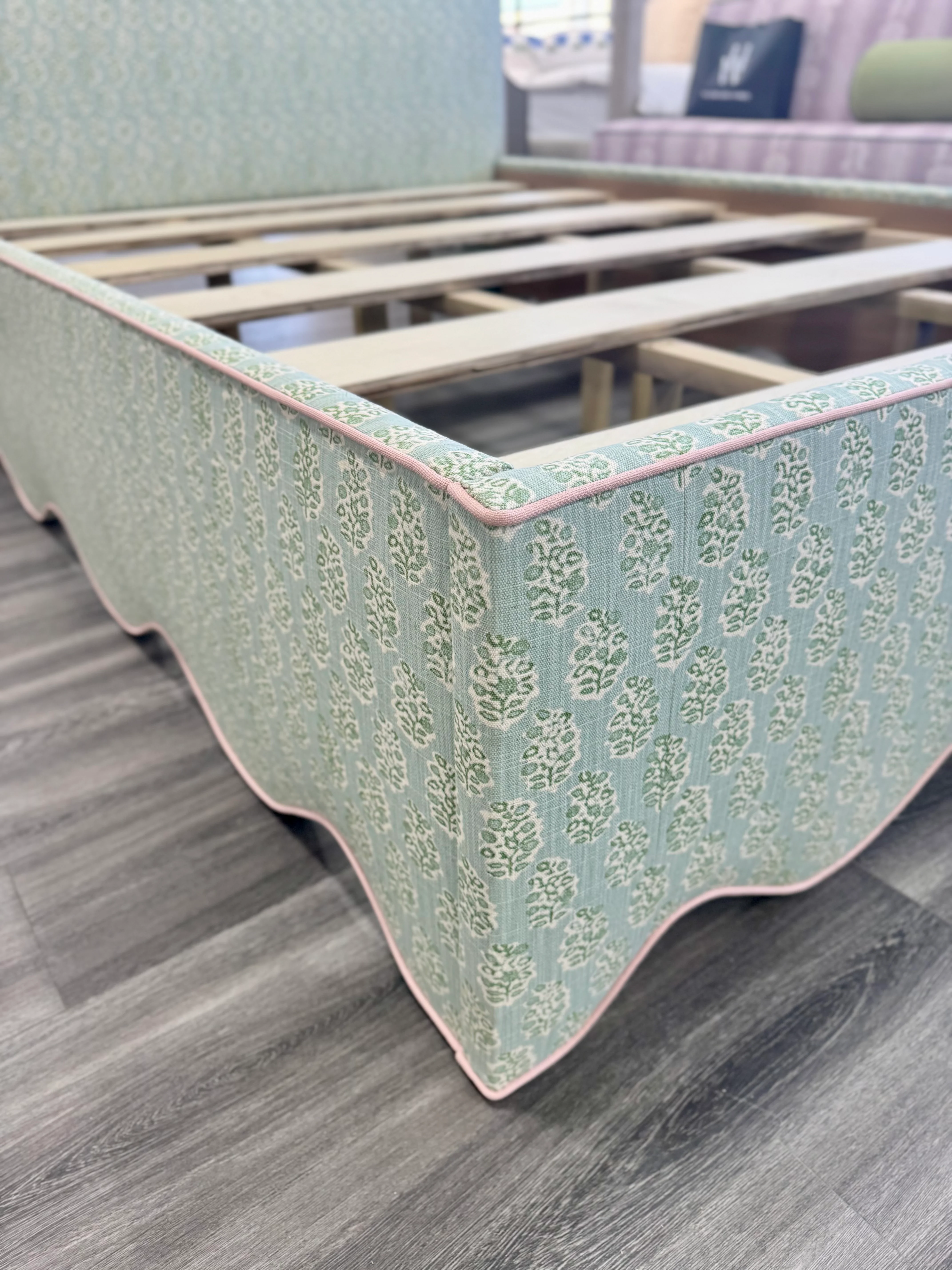 65”H Queen Platform Upholstered Bed - Perry Green Polyester Fabric - Pink Trim - Image 3