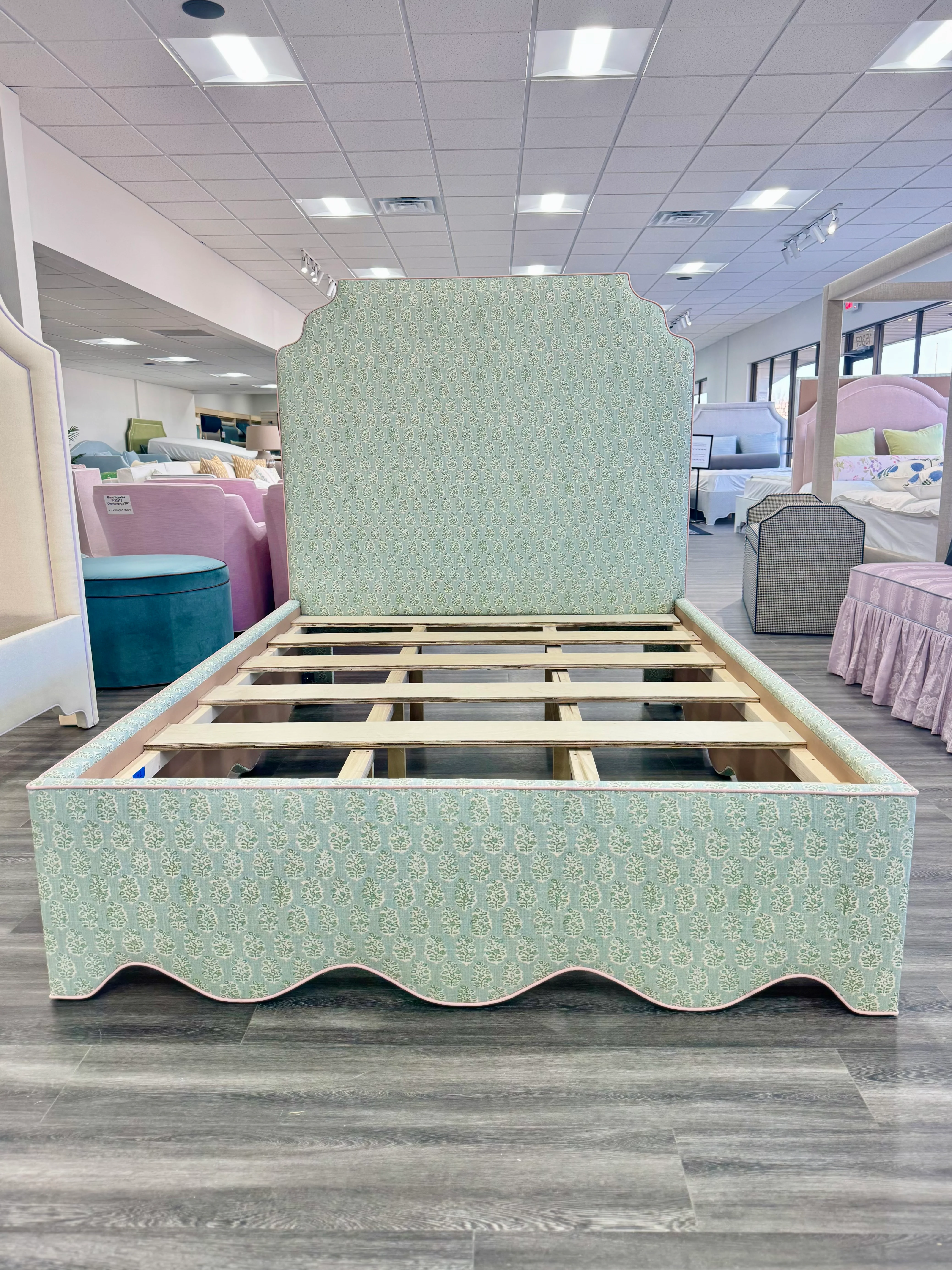 65”H Queen Platform Upholstered Bed - Perry Green Polyester Fabric - Pink Trim - Image 5