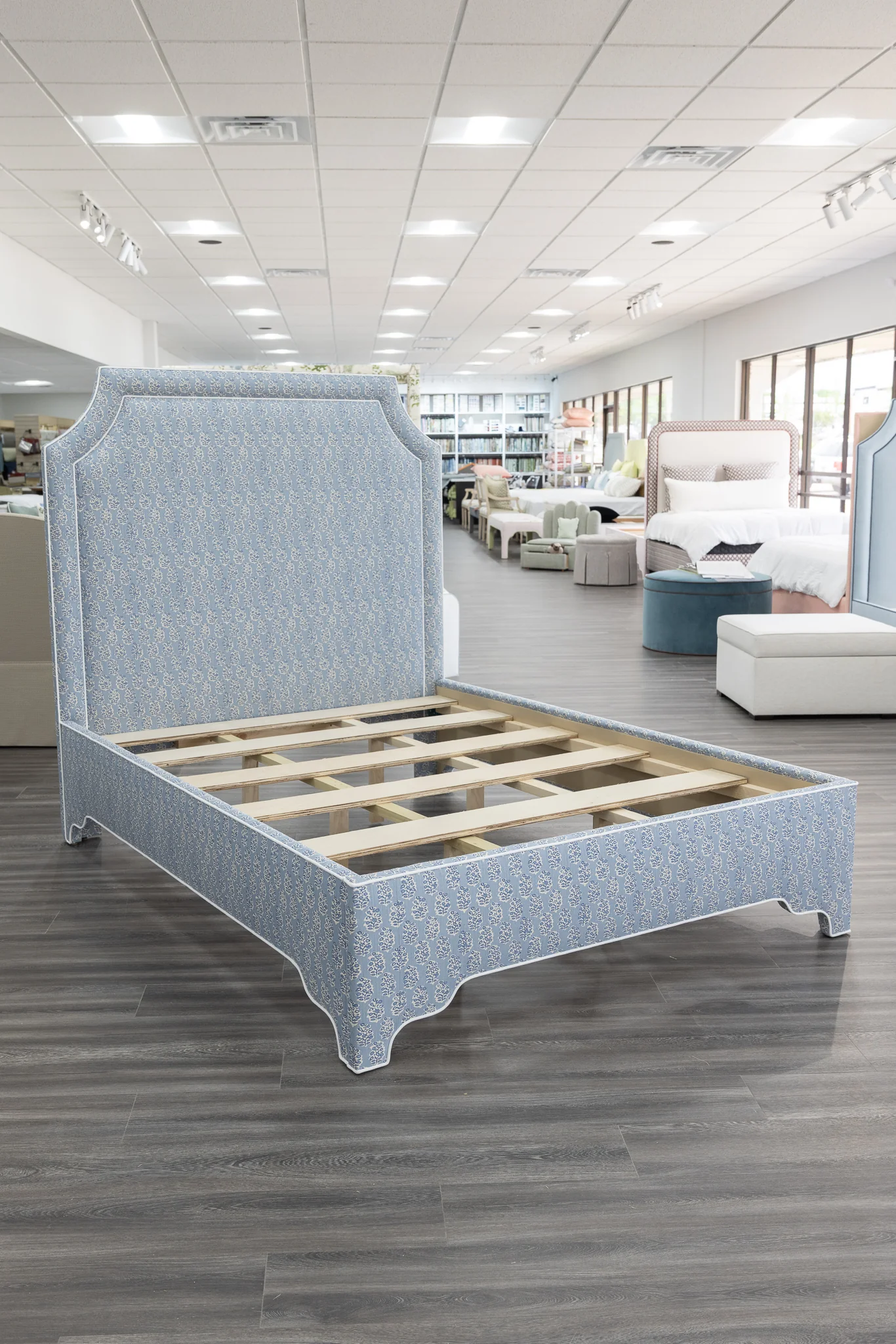 65”H Queen Platform Upholstered Bed - Perry Blue Polyester Fabric with White Trim - Image 5