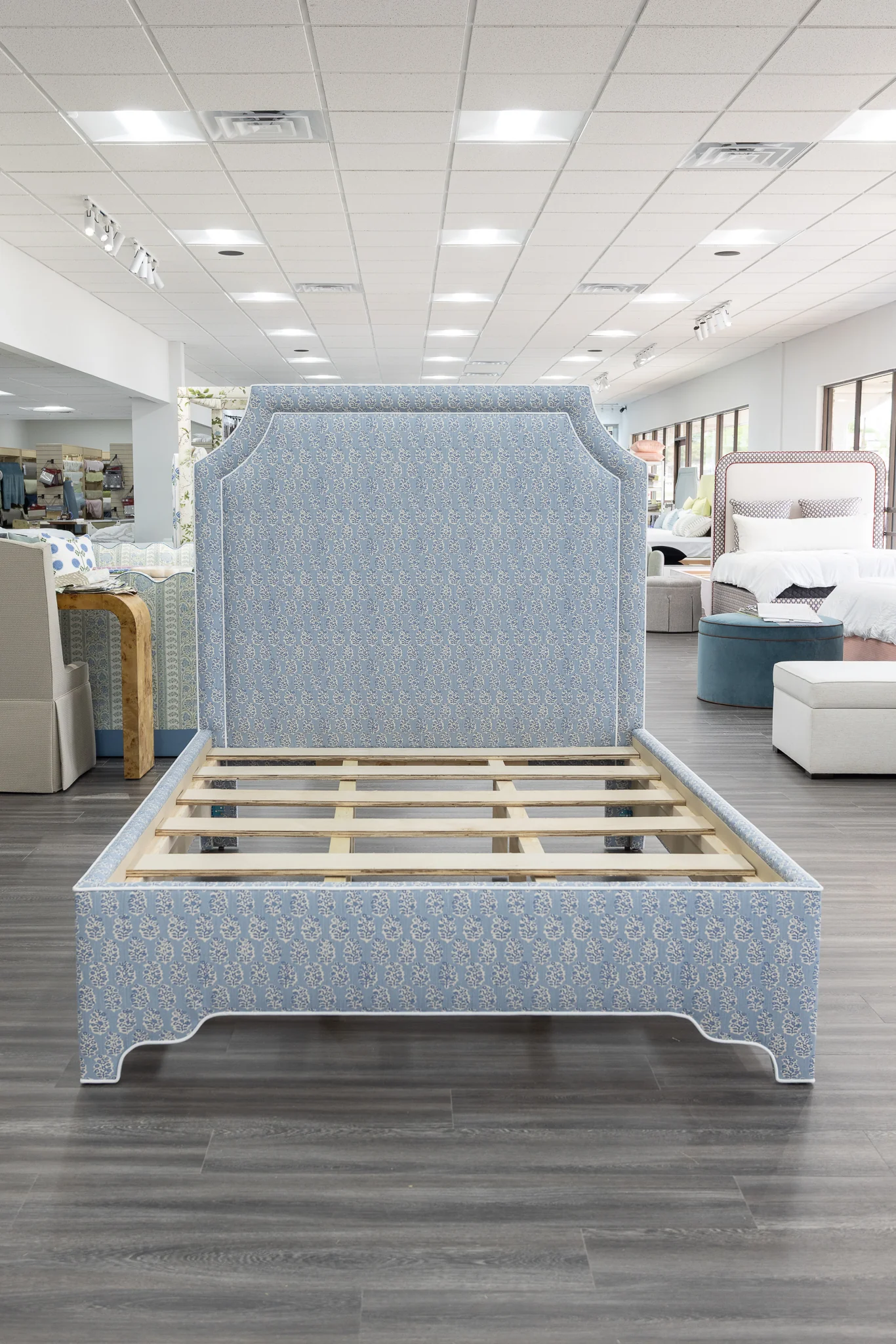 65”H Queen Platform Upholstered Bed - Perry Blue Polyester Fabric with White Trim - Image 8