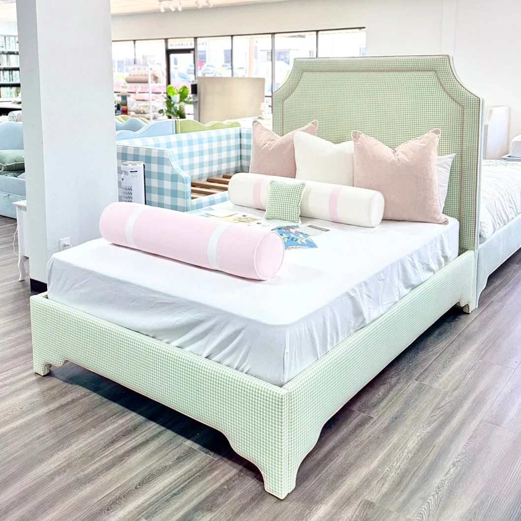 65āH Queen Platform Upholstered Bed - Sage Green Gingham Fabric with Blush Pink Trim