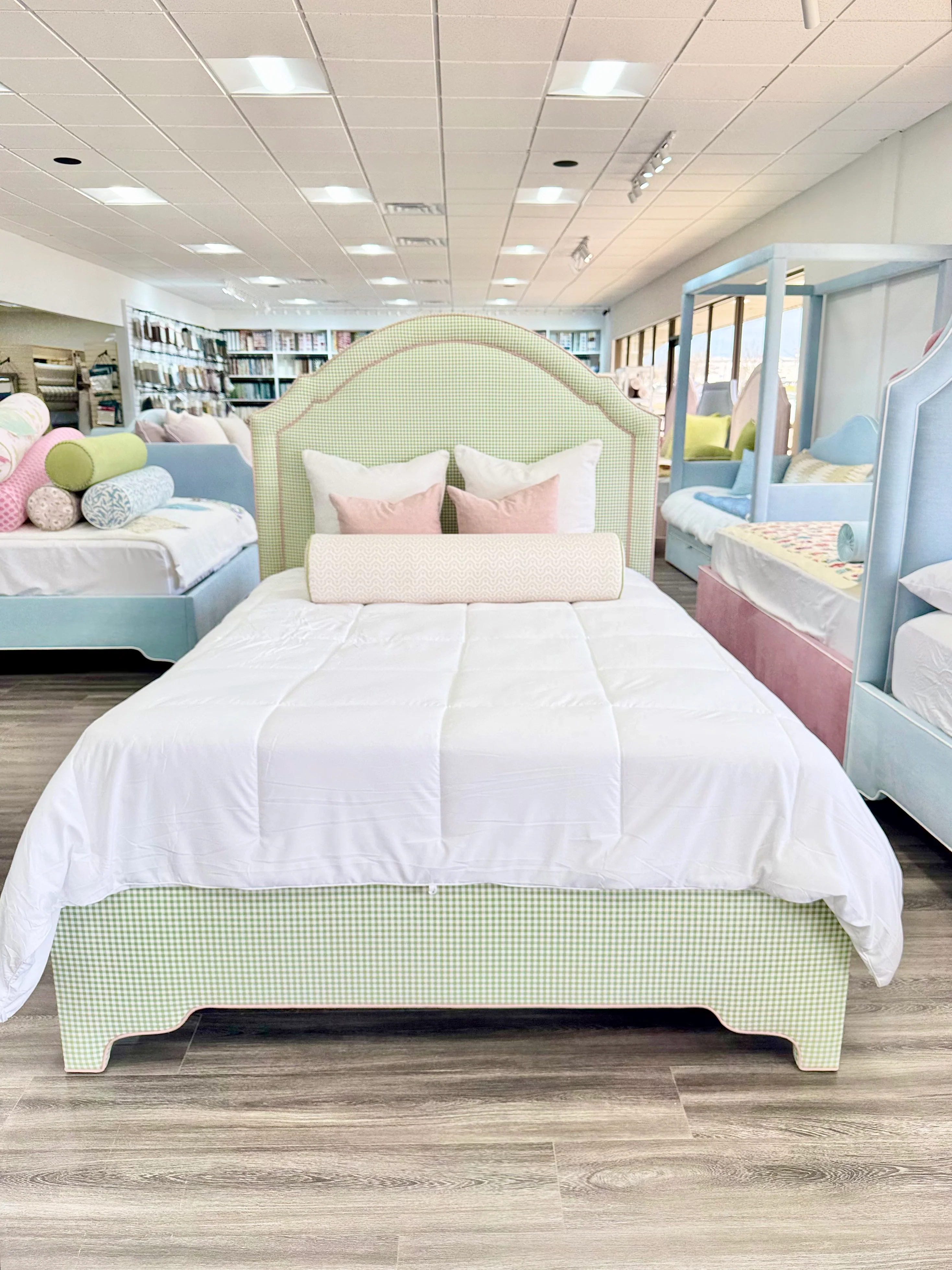 65”H Queen Platform Upholstered Bed - Sage Green Gingham Fabric with Blush Pink Trim - Image 2