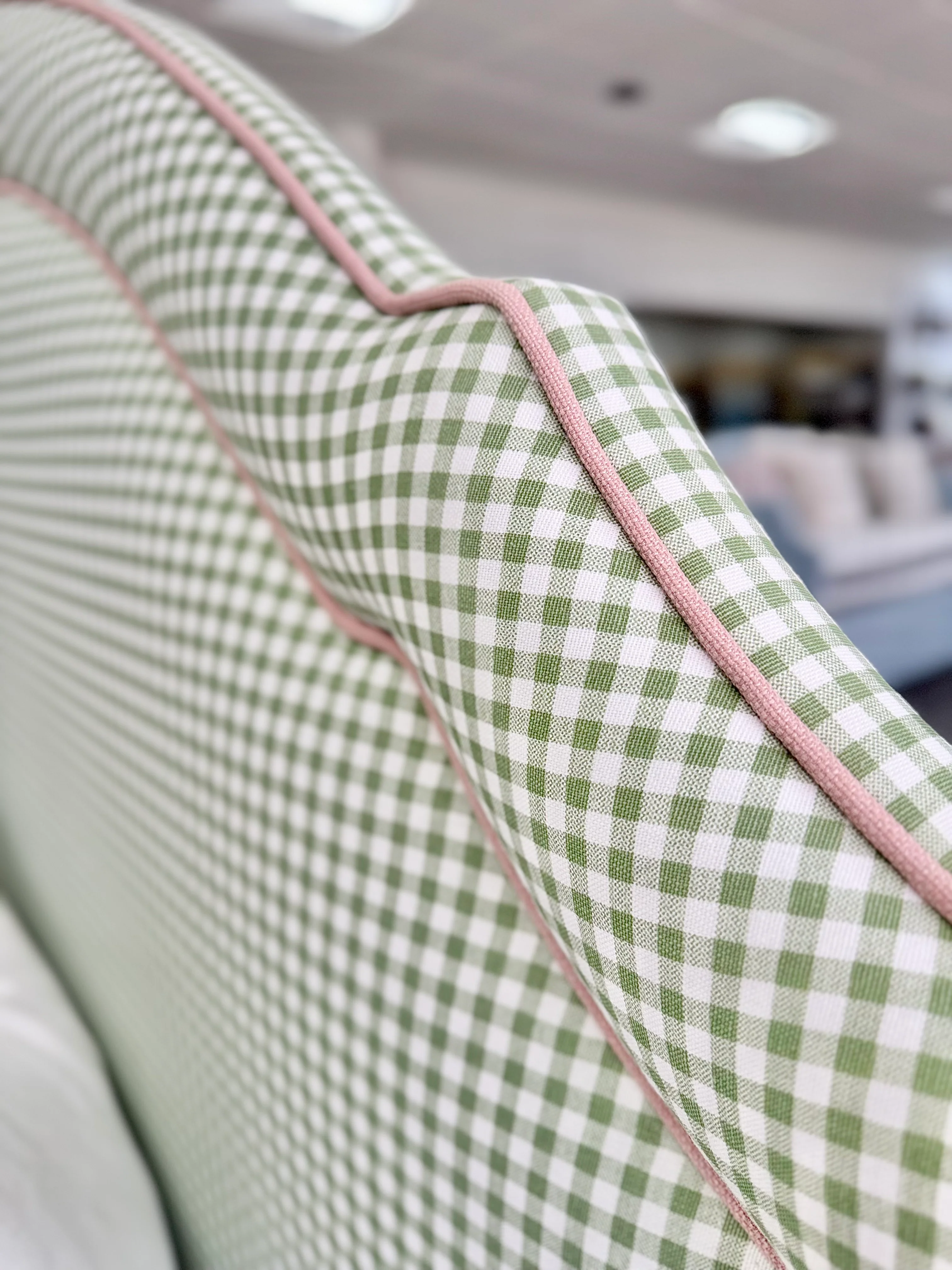 65”H Queen Platform Upholstered Bed - Sage Green Gingham Fabric with Blush Pink Trim - Image 4