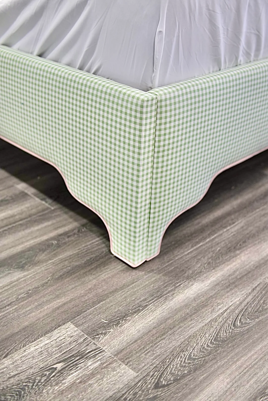65”H Queen Platform Upholstered Bed - Sage Green Gingham Fabric with Blush Pink Trim - Image 5