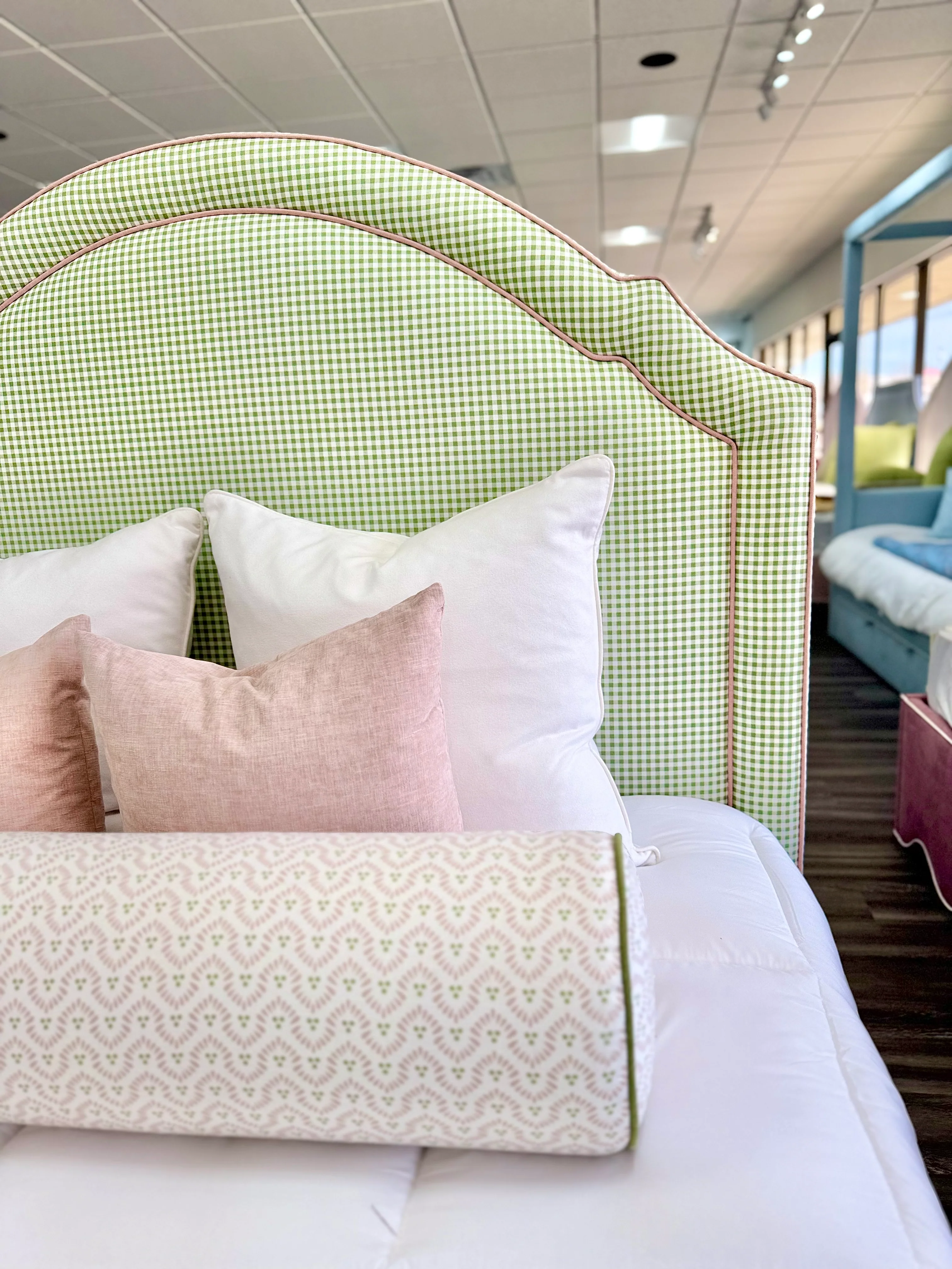 65”H Queen Platform Upholstered Bed - Sage Green Gingham Fabric with Blush Pink Trim - Image 6