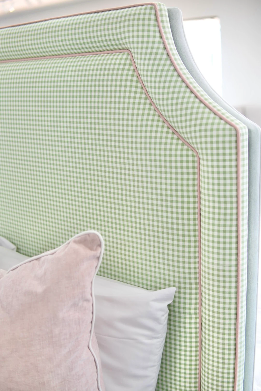 65āH Queen Platform Upholstered Bed - Sage Green Gingham Fabric with Blush Pink Trim - Image 2