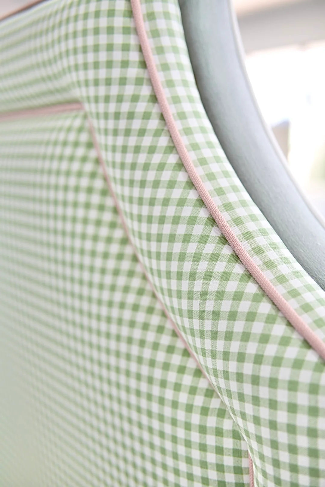 65āH Queen Platform Upholstered Bed - Sage Green Gingham Fabric with Blush Pink Trim - Image 5