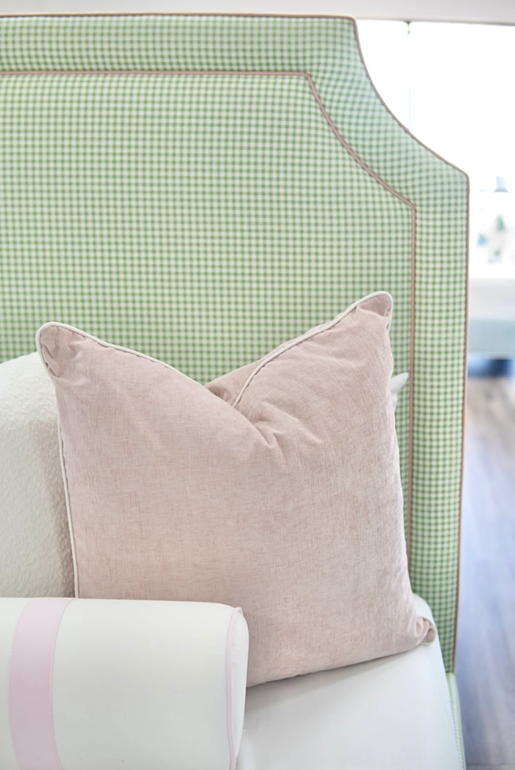 65āH Queen Platform Upholstered Bed - Sage Green Gingham Fabric with Blush Pink Trim - Image 6