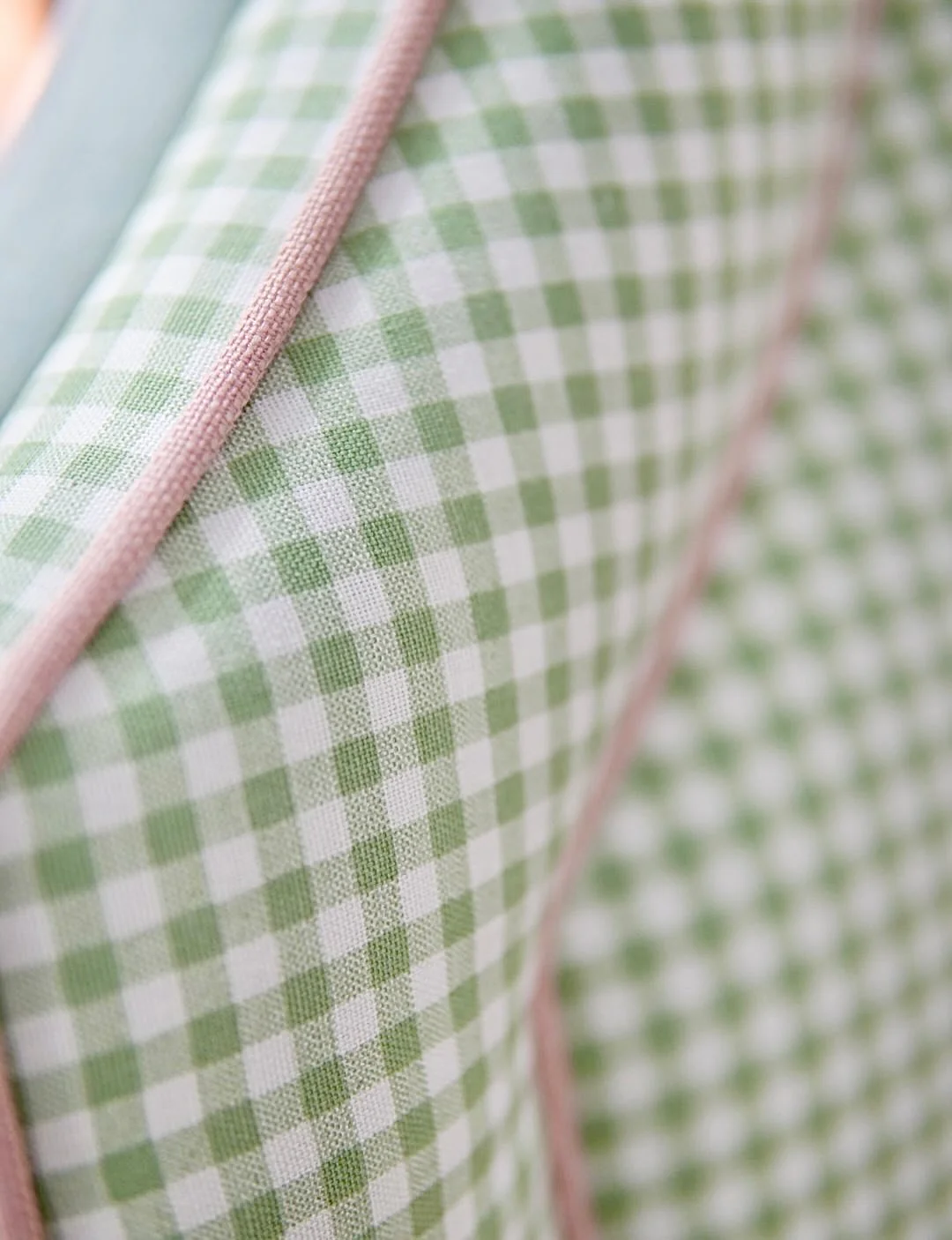 65āH Queen Platform Upholstered Bed - Sage Green Gingham Fabric with Blush Pink Trim - Image 7