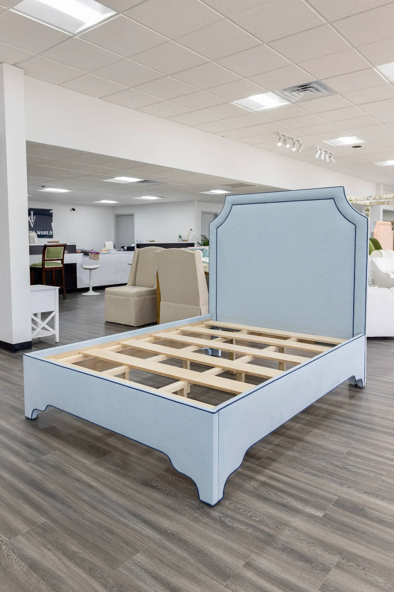 65”H Queen Platform Upholstered Bed - Sky Blue Woven Fabric - Navy Trim - Image 5