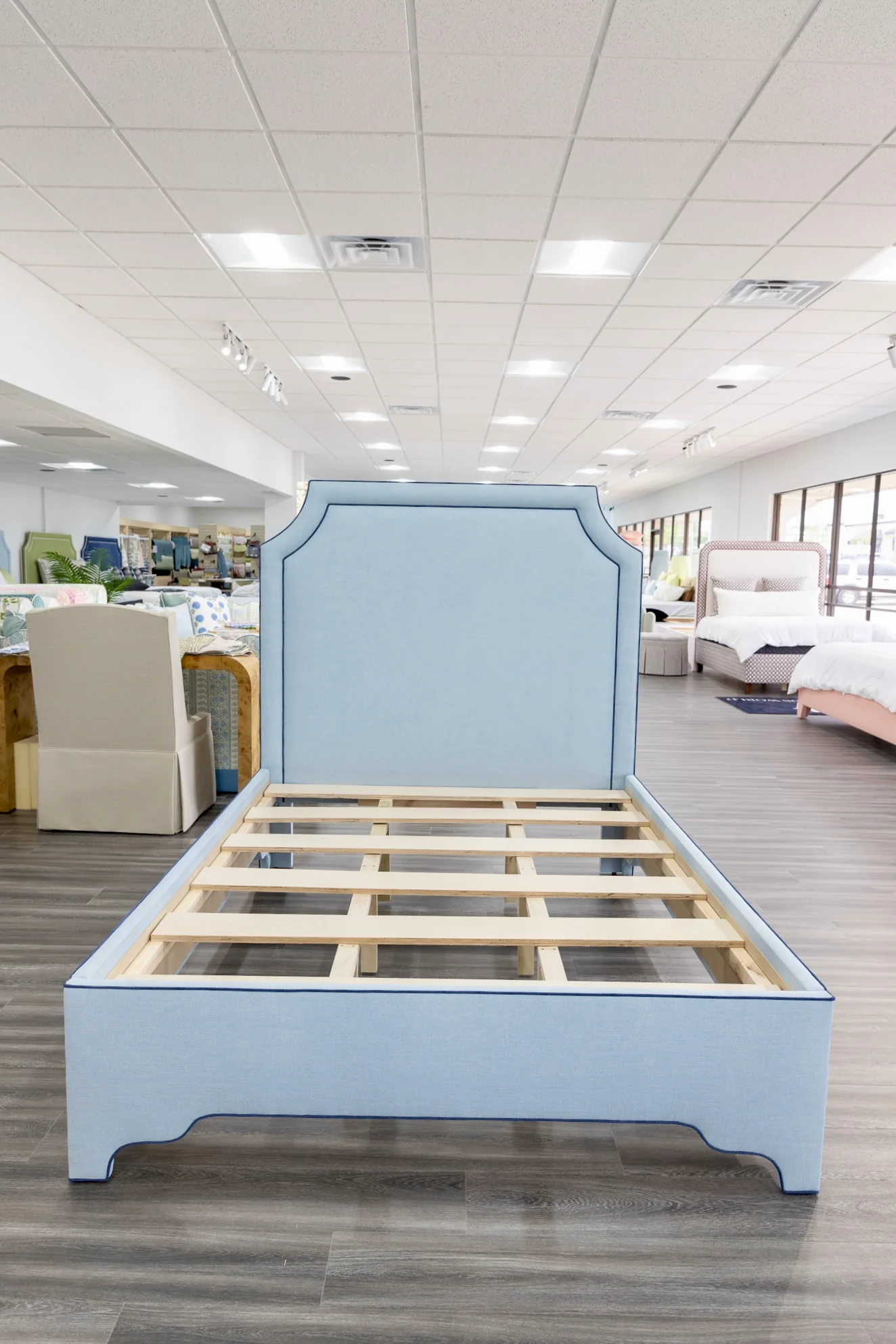 65”H Queen Platform Upholstered Bed - Sky Blue Woven Fabric - Navy Trim - Image 7