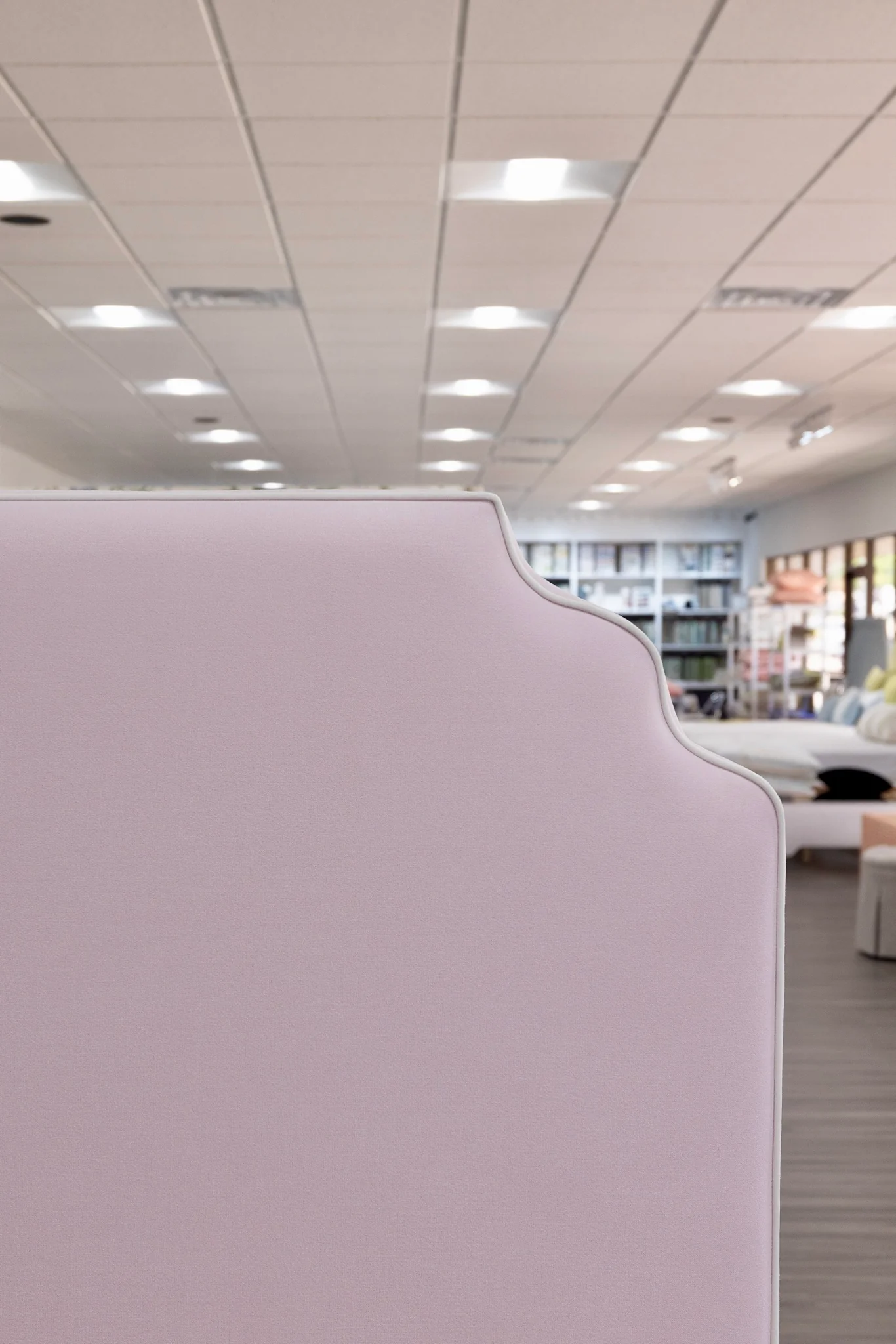 65" H Queen Upholstered Platform Bed - Scalloped Base - Powder Pink Woven Fabric with White Trim - Image 11