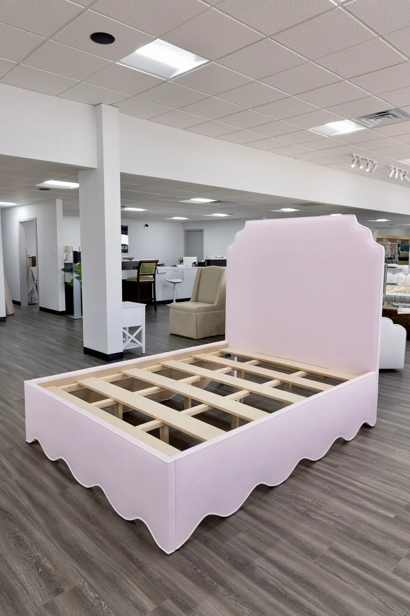 65" H Queen Upholstered Platform Bed - Scalloped Base - Powder Pink Woven Fabric with White Trim - Image 6