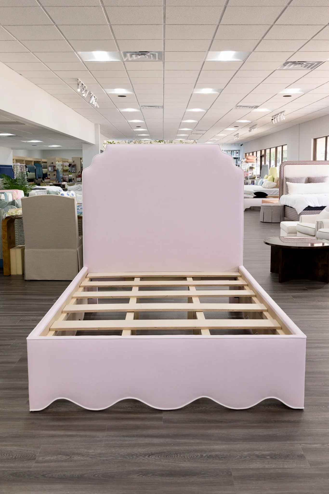 65" H Queen Upholstered Platform Bed - Scalloped Base - Powder Pink Woven Fabric with White Trim - Image 9
