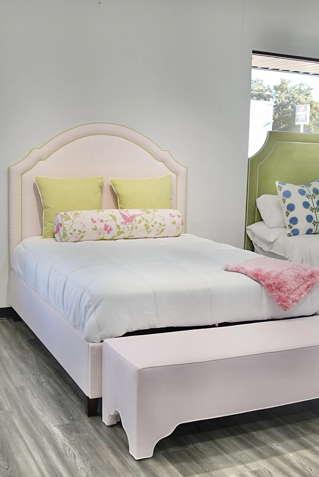 65" H Queen Upholstered Platform Bed - Brown Wooden Legs - Bella Pink Gingham Fabric with Pear Green Trim - Image 2