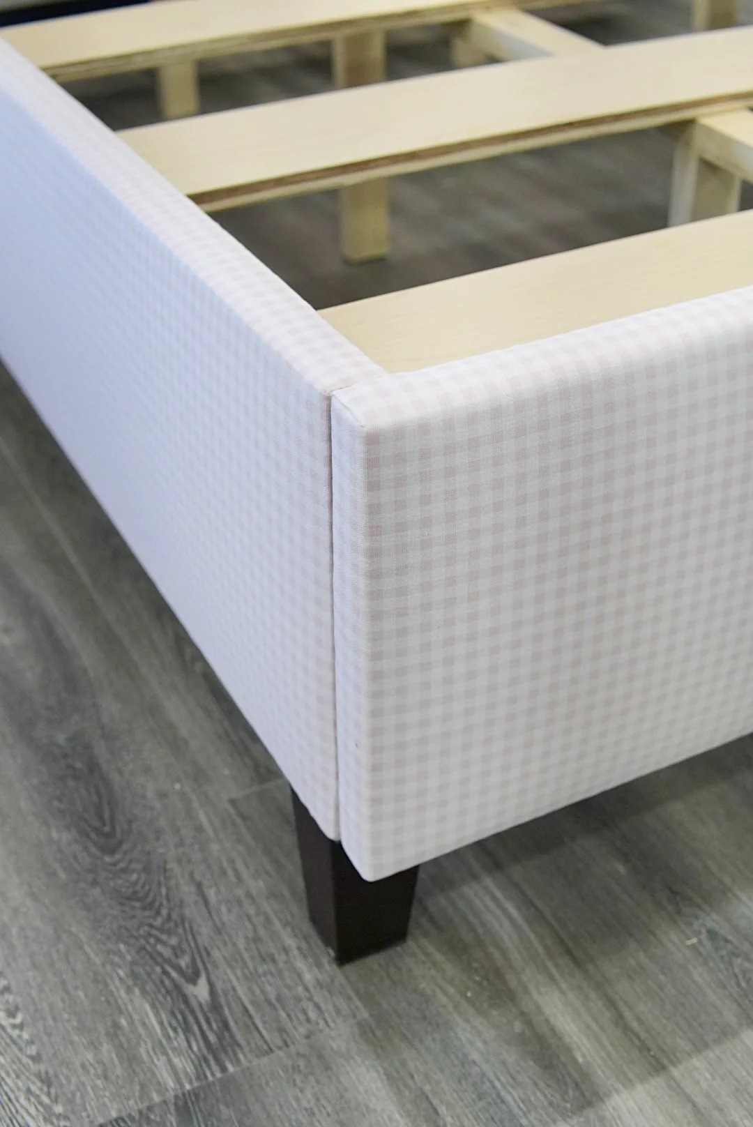 65" H Queen Upholstered Platform Bed - Brown Wooden Legs - Bella Pink Gingham Fabric with Pear Green Trim - Image 4