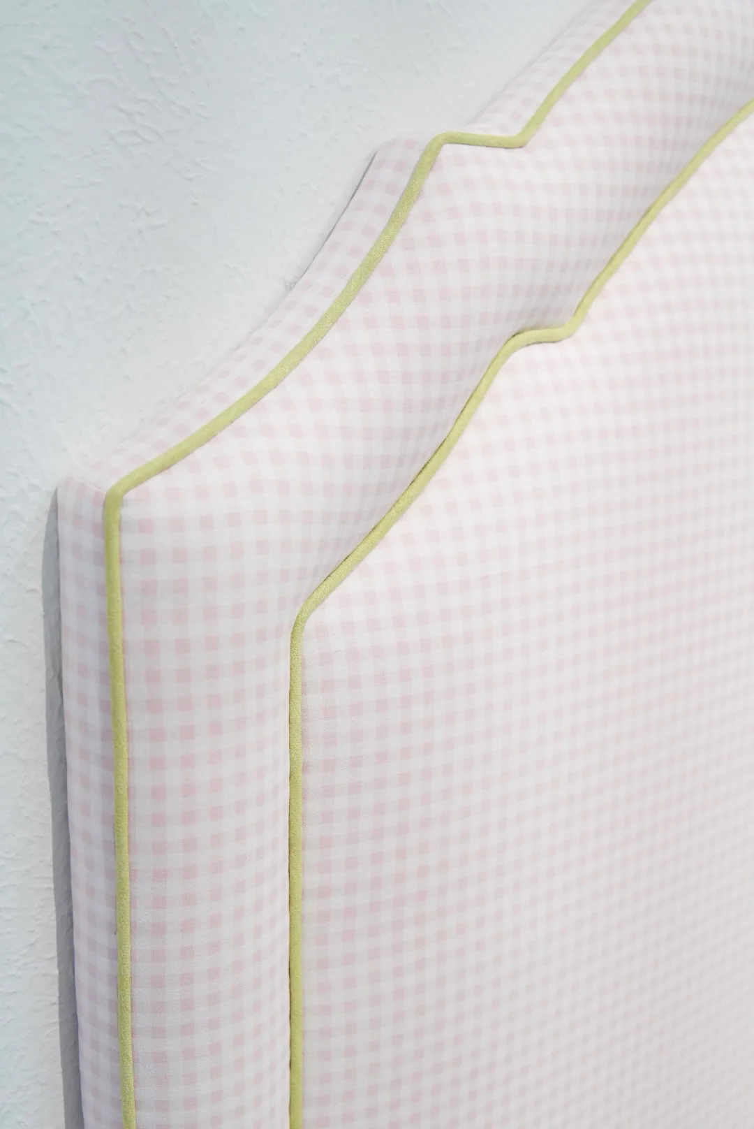 65" H Queen Upholstered Platform Bed - Brown Wooden Legs - Bella Pink Gingham Fabric with Pear Green Trim - Image 6