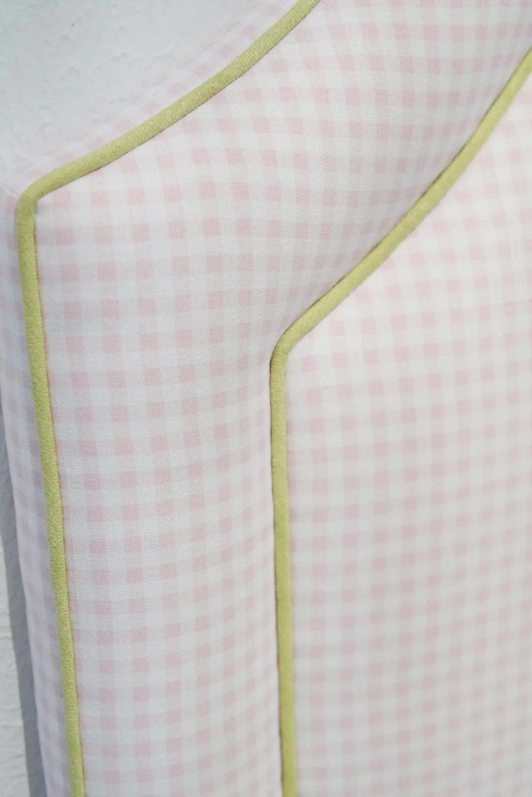 65" H Queen Upholstered Platform Bed - Brown Wooden Legs - Bella Pink Gingham Fabric with Pear Green Trim - Image 7