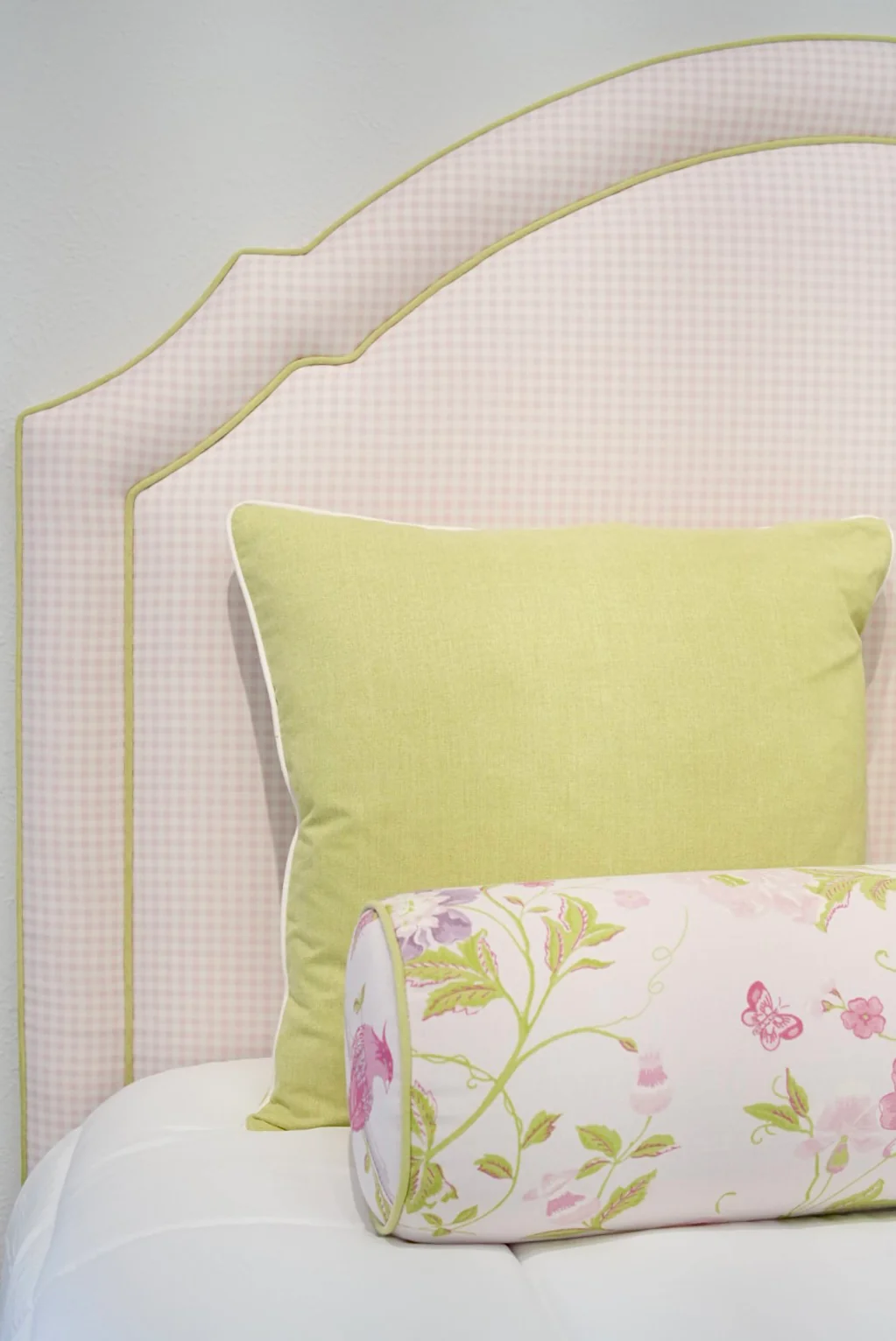 65" H Queen Upholstered Platform Bed - Brown Wooden Legs - Bella Pink Gingham Fabric with Pear Green Trim - Image 8